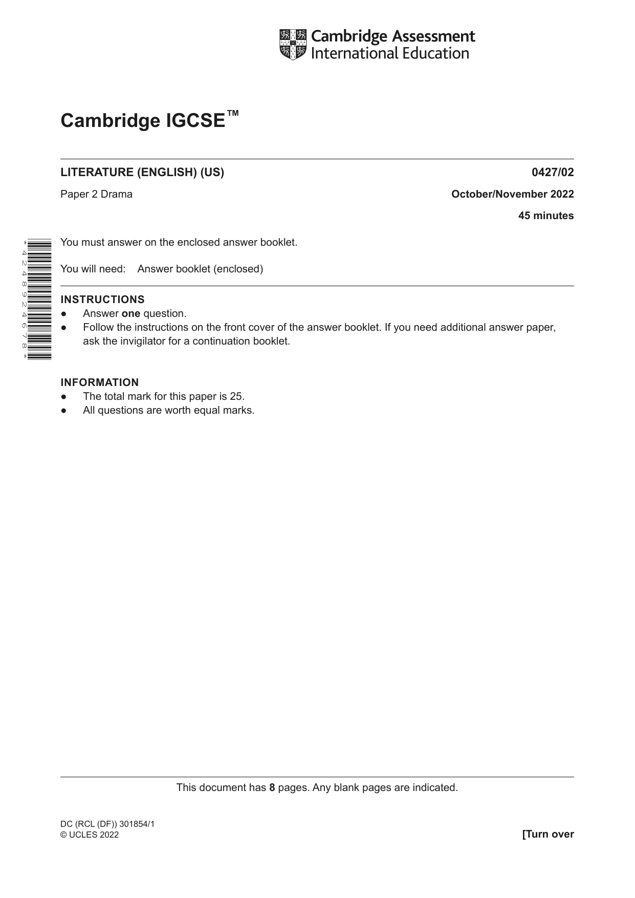 Cambridge IGCSE English - Literature (BES) 0427 2022 Oct/Nov Paper 2 · Variant 0 question paper, page 1 of 8