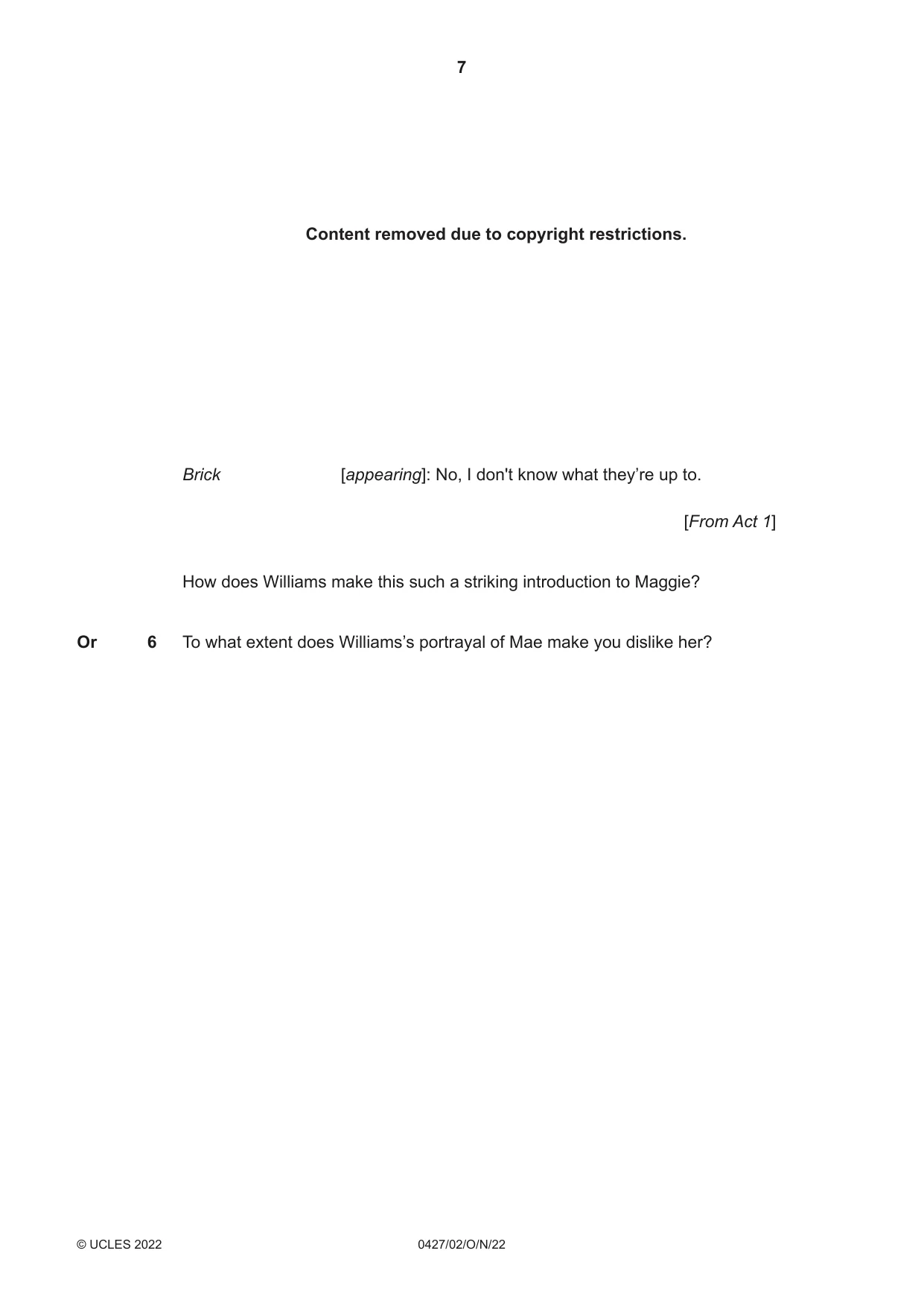 Cambridge IGCSE English - Literature (BES) 0427 2022 Oct/Nov Paper 2 · Variant 0 question paper, page 7 of 8
