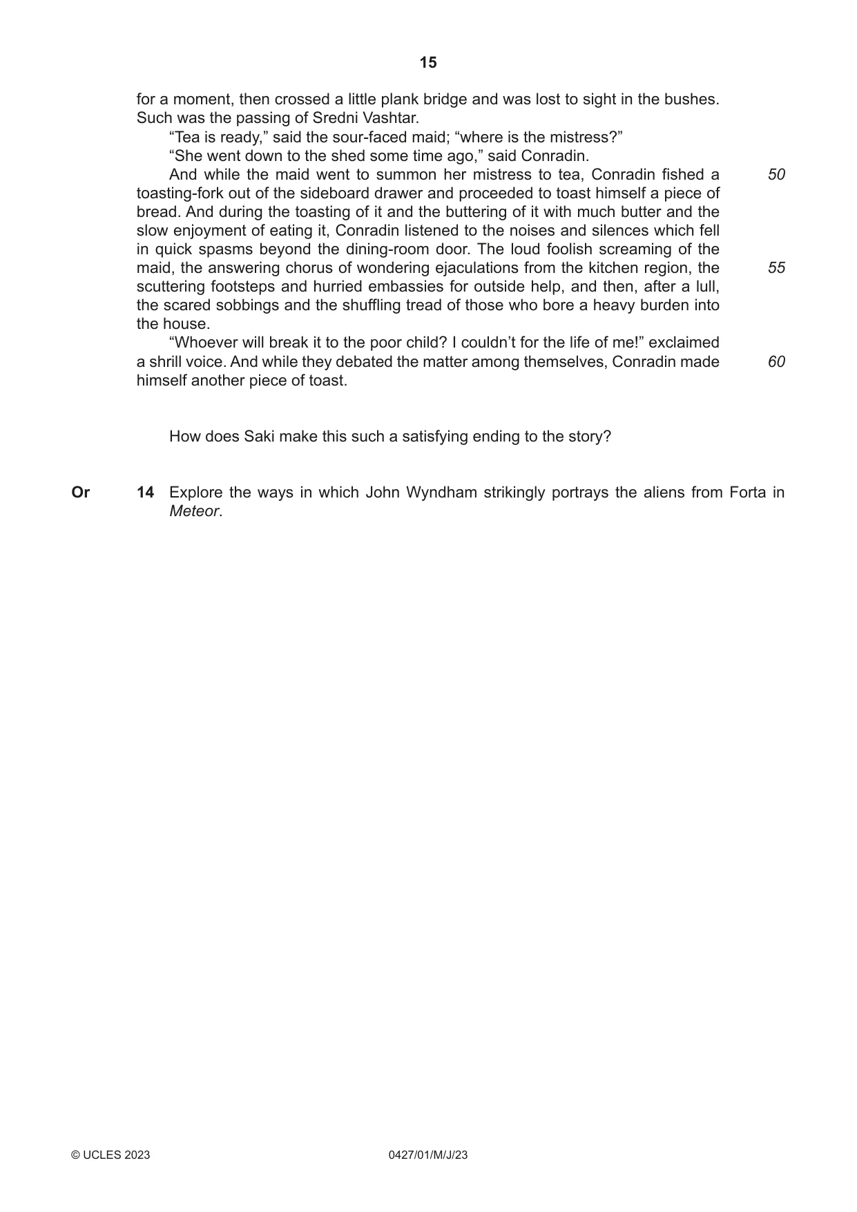 Cambridge IGCSE English - Literature (BES) 0427 2023 May/June Paper 1 · Variant 0 question paper, page 15 of 16