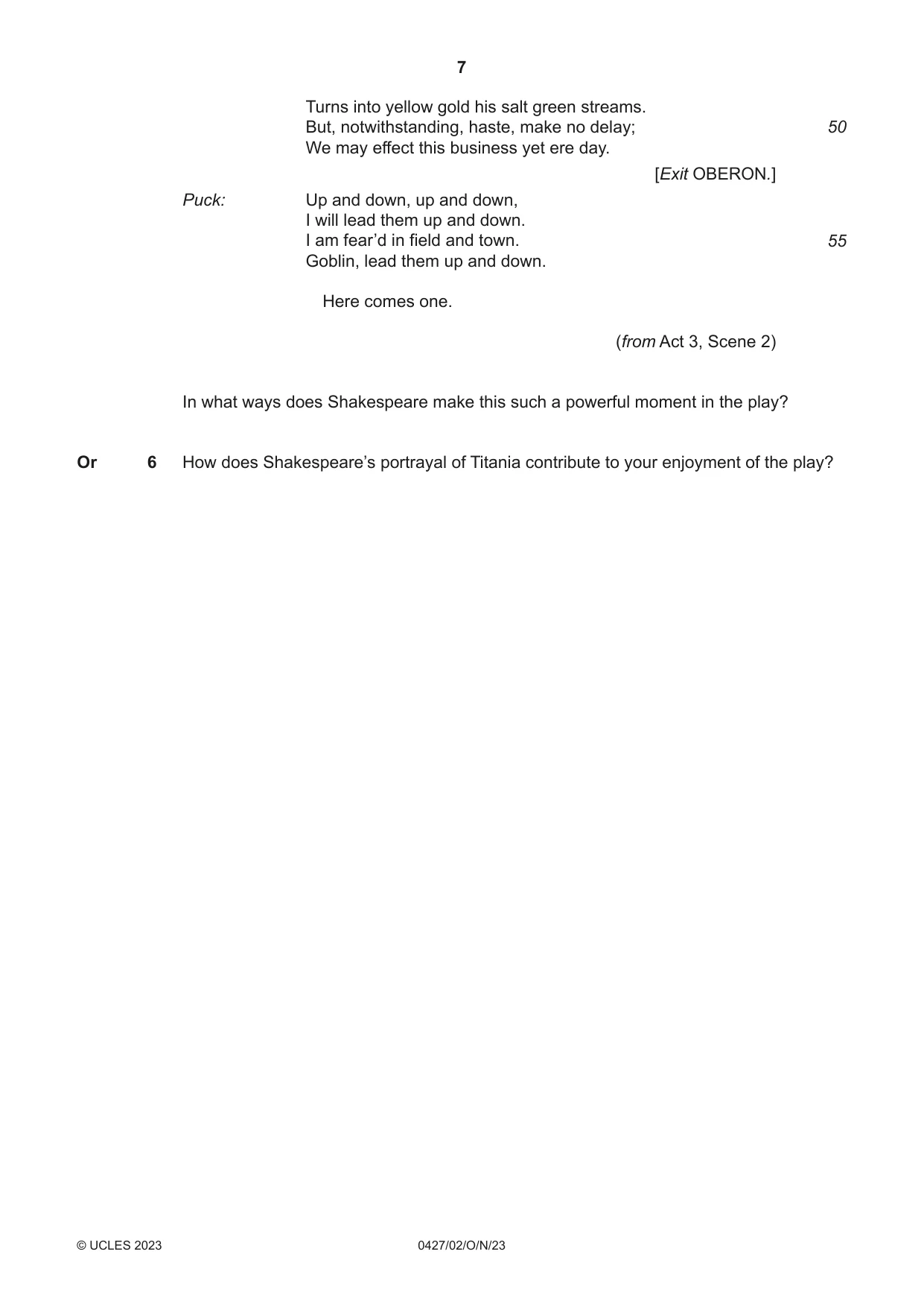 Cambridge IGCSE English - Literature (BES) 0427 2023 Oct/Nov Paper 2 · Variant 0 question paper, page 7 of 8