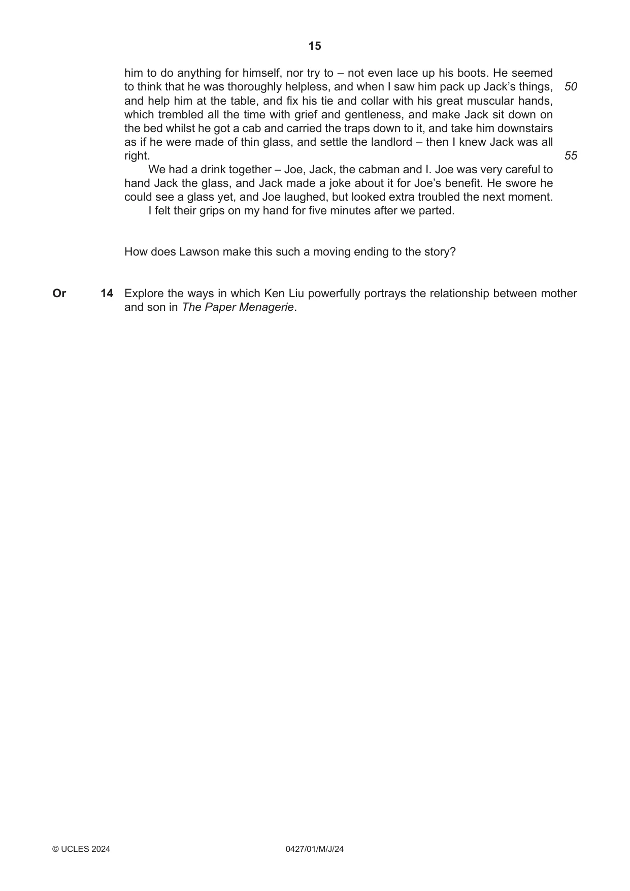 Cambridge IGCSE English - Literature (BES) 0427 2024 May/June Paper 1 · Variant 0 question paper, page 15 of 16