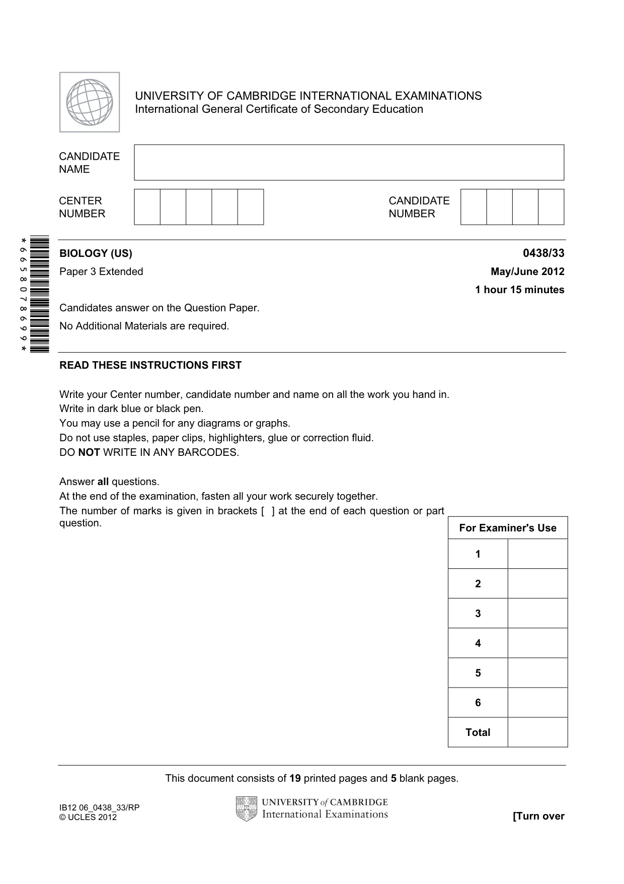 Cambridge IGCSE Biology (BES) 0438 2012 May/June Paper 3 · Variant 3 question paper, page 1 of 24