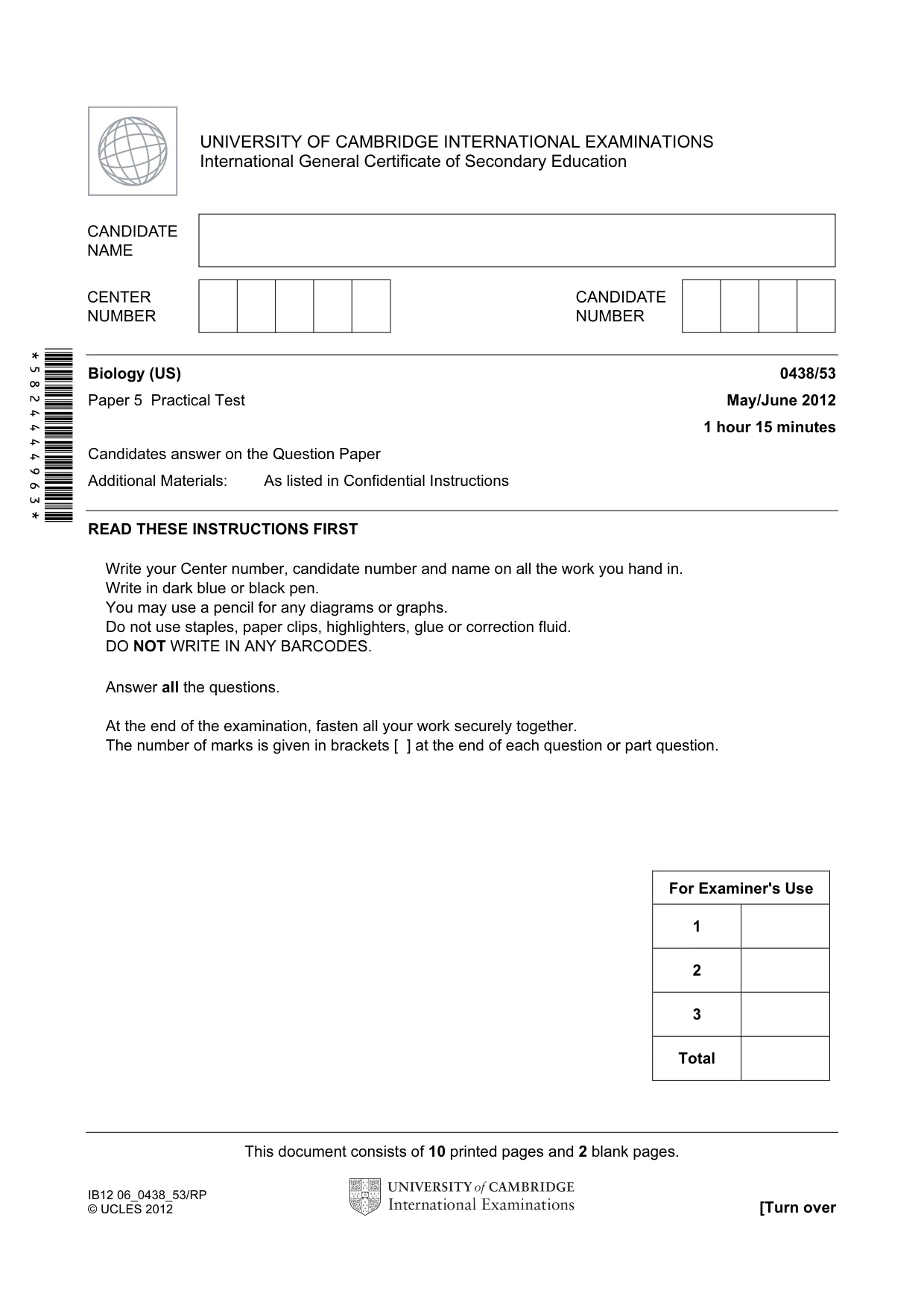 Cambridge IGCSE Biology (BES) 0438 2012 May/June Paper 5 · Variant 3 question paper, page 1 of 12