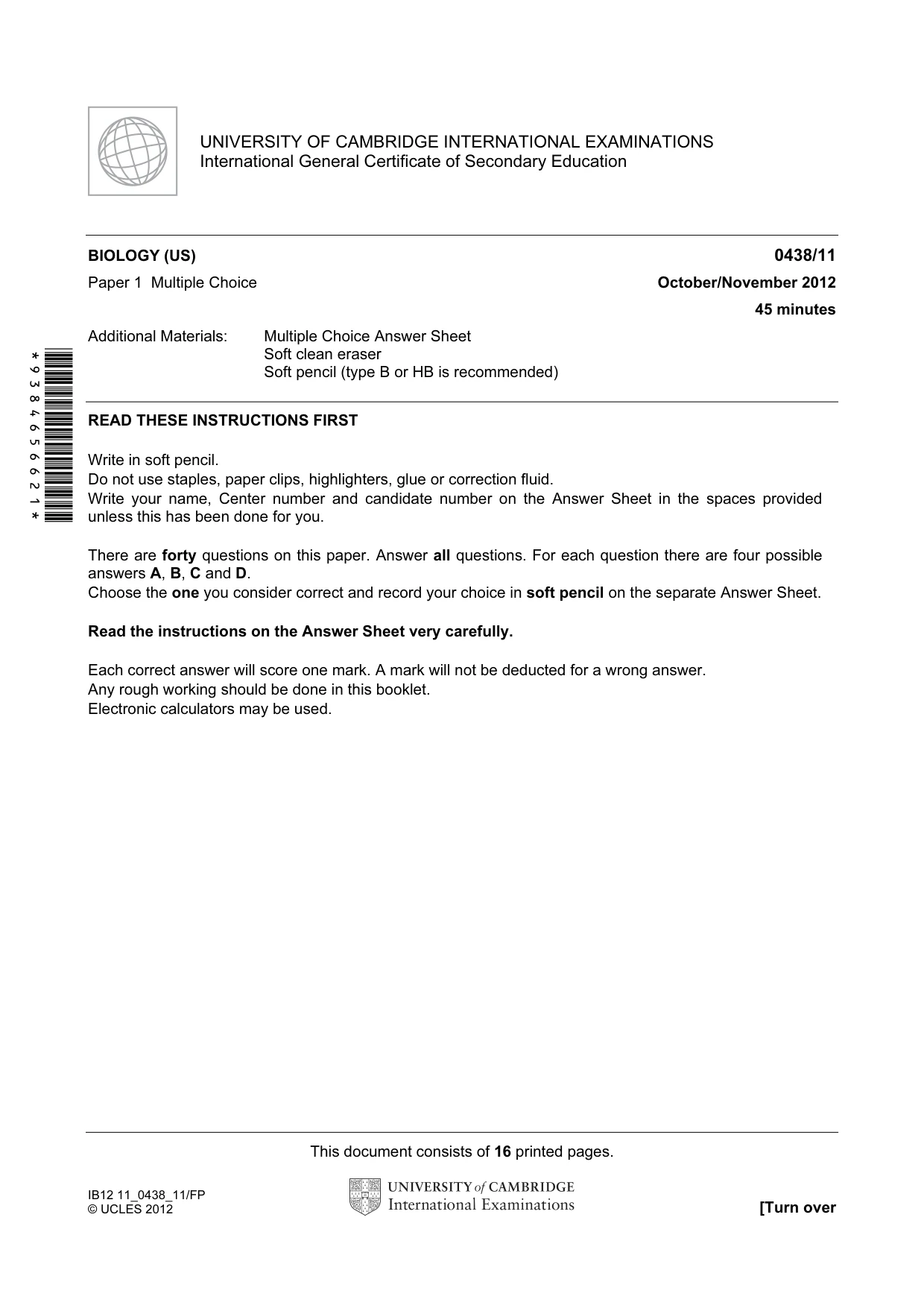 Cambridge IGCSE Biology (BES) 0438 2012 Oct/Nov Paper 1 · Variant 1 question paper, page 1 of 16