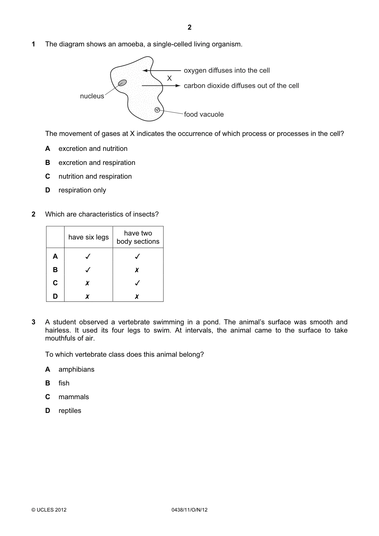 Cambridge IGCSE Biology (BES) 0438 2012 Oct/Nov Paper 1 · Variant 1 question paper, page 2 of 16