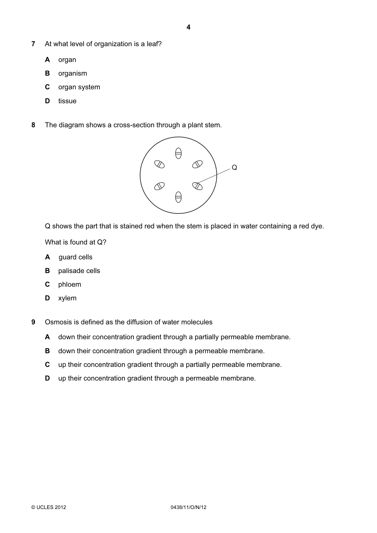 Cambridge IGCSE Biology (BES) 0438 2012 Oct/Nov Paper 1 · Variant 1 question paper, page 4 of 16