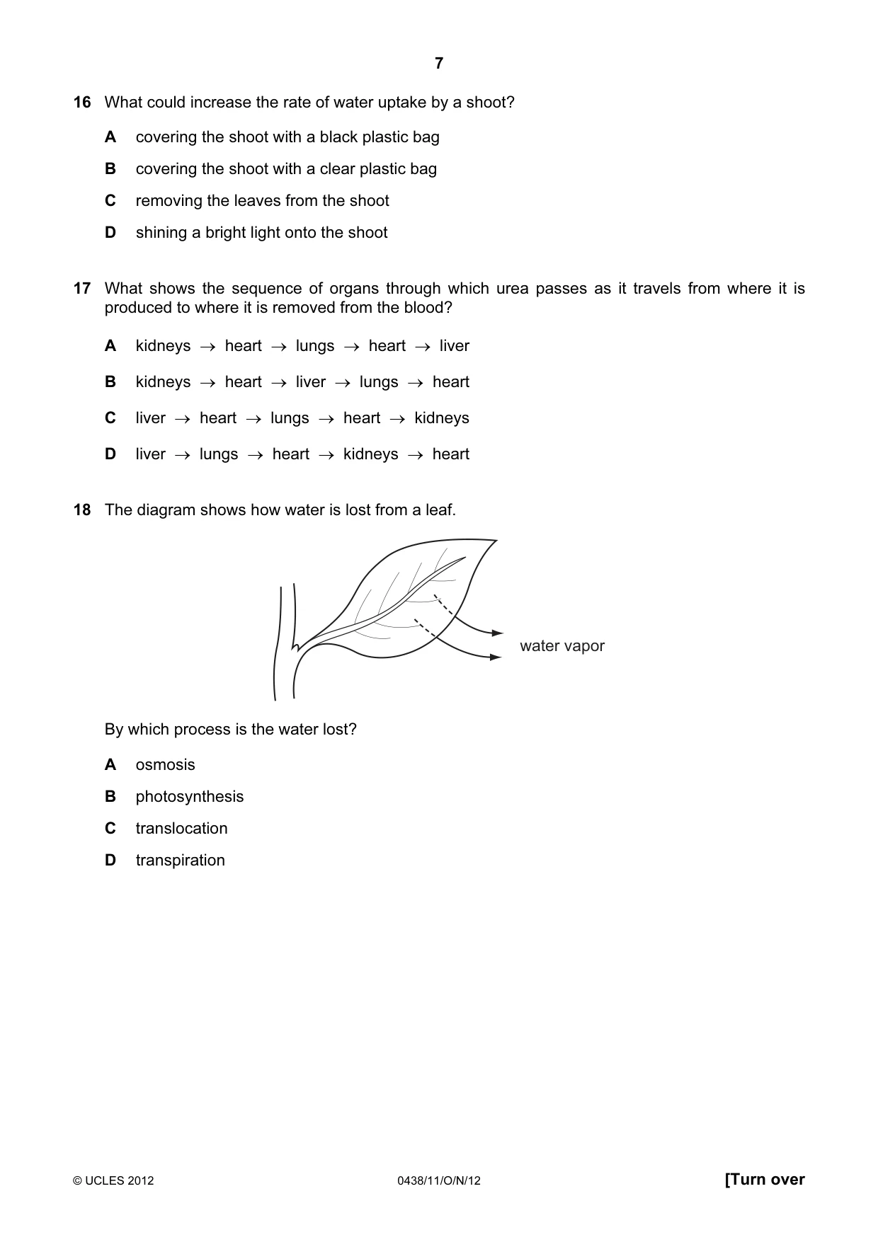 Cambridge IGCSE Biology (BES) 0438 2012 Oct/Nov Paper 1 · Variant 1 question paper, page 7 of 16
