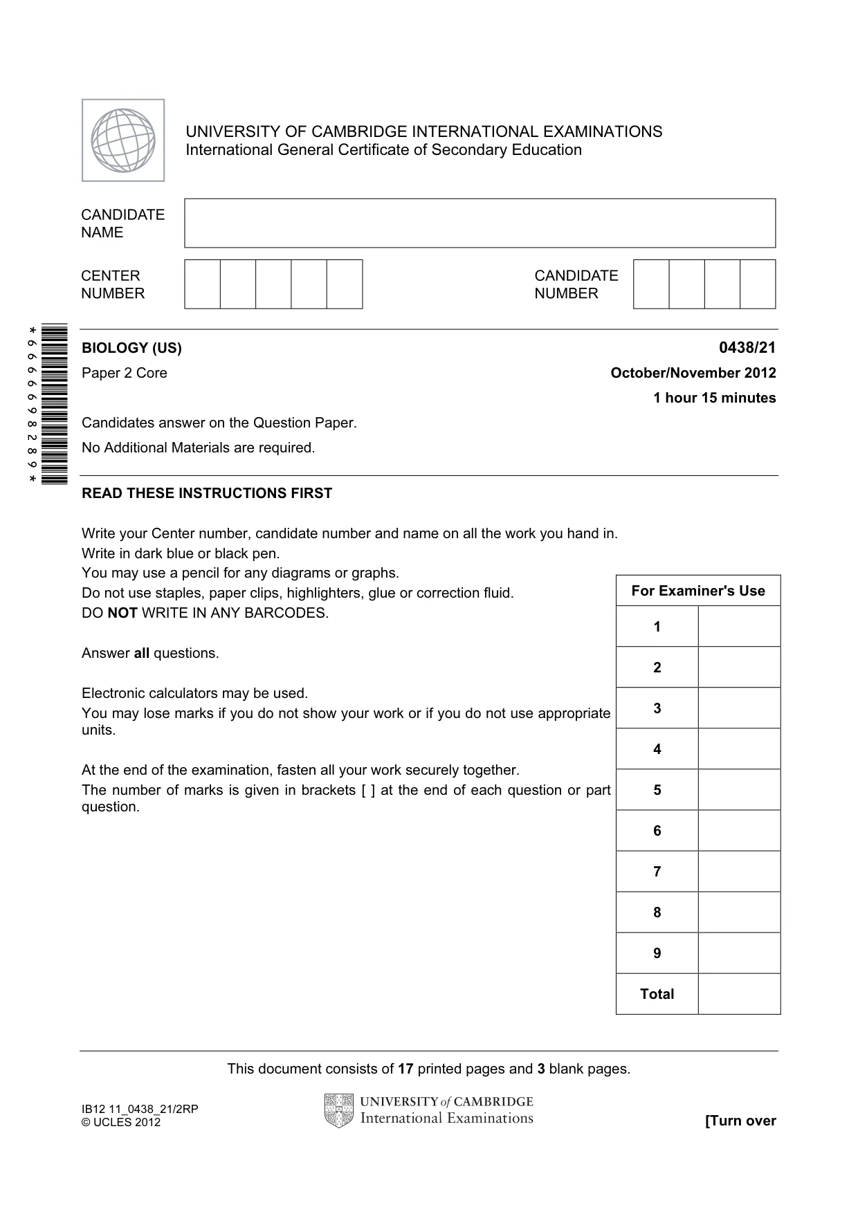 Cambridge IGCSE Biology (BES) 0438 2012 Oct/Nov Paper 2 · Variant 1 question paper, page 1 of 20