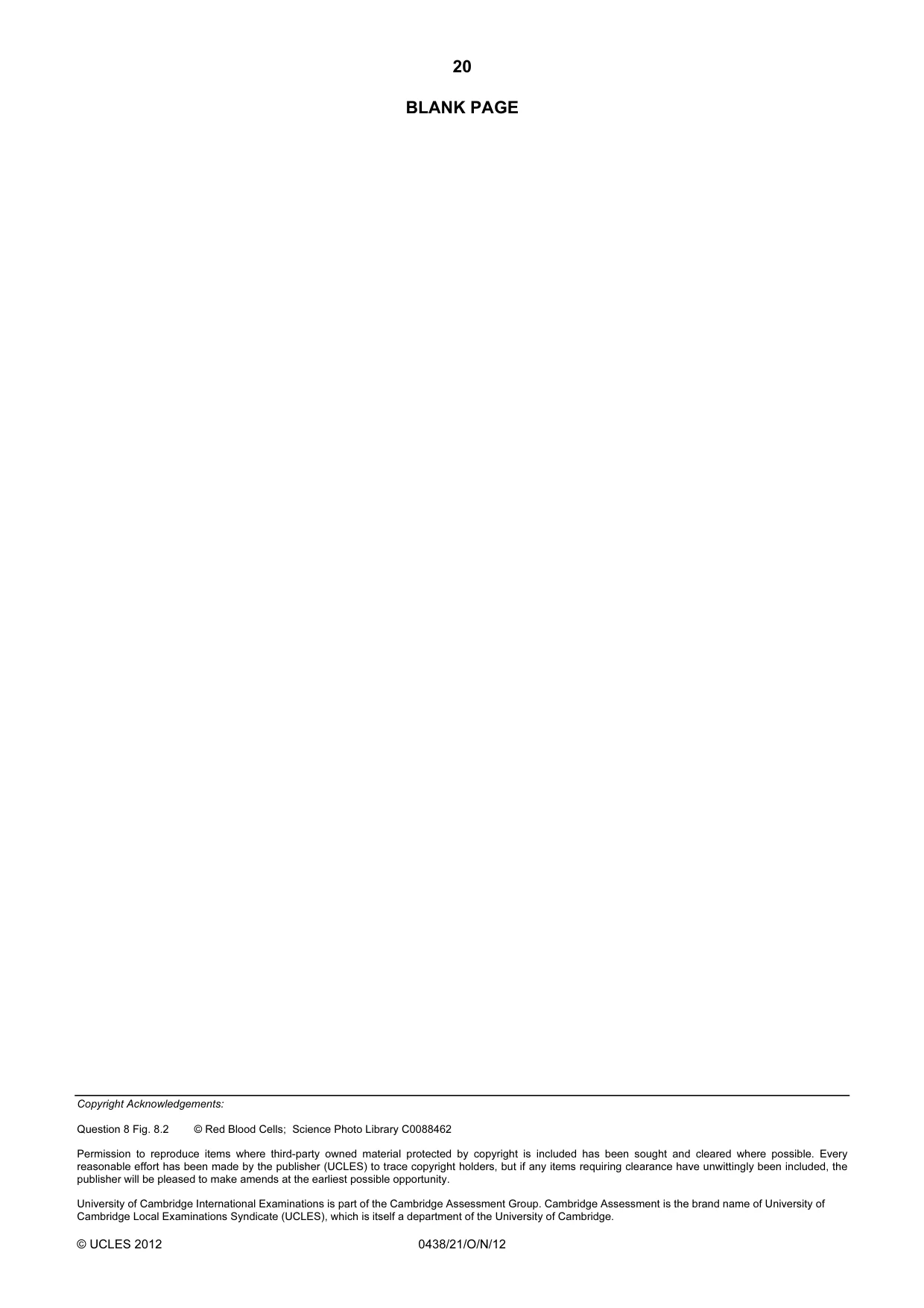 Cambridge IGCSE Biology (BES) 0438 2012 Oct/Nov Paper 2 · Variant 1 question paper, page 20 of 20