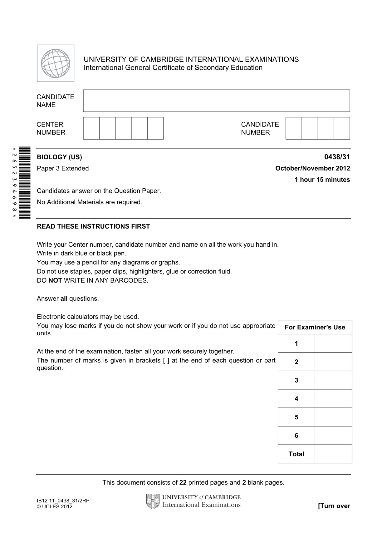 Cambridge IGCSE Biology (BES) 0438 2012 Oct/Nov Paper 3 · Variant 1 question paper, page 1 of 24