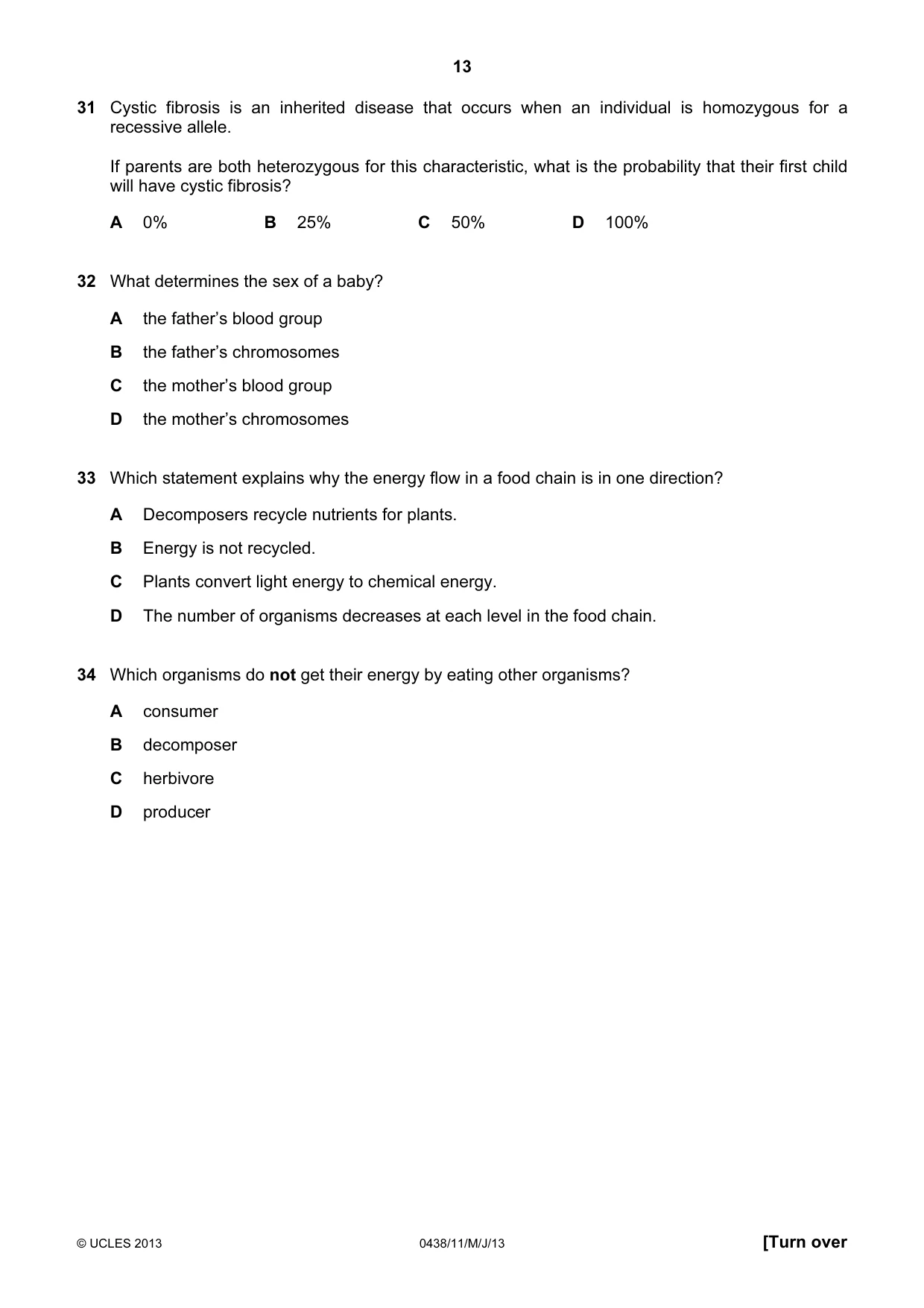 Cambridge IGCSE Biology (BES) 0438 2013 May/June Paper 1 · Variant 1 question paper, page 13 of 16