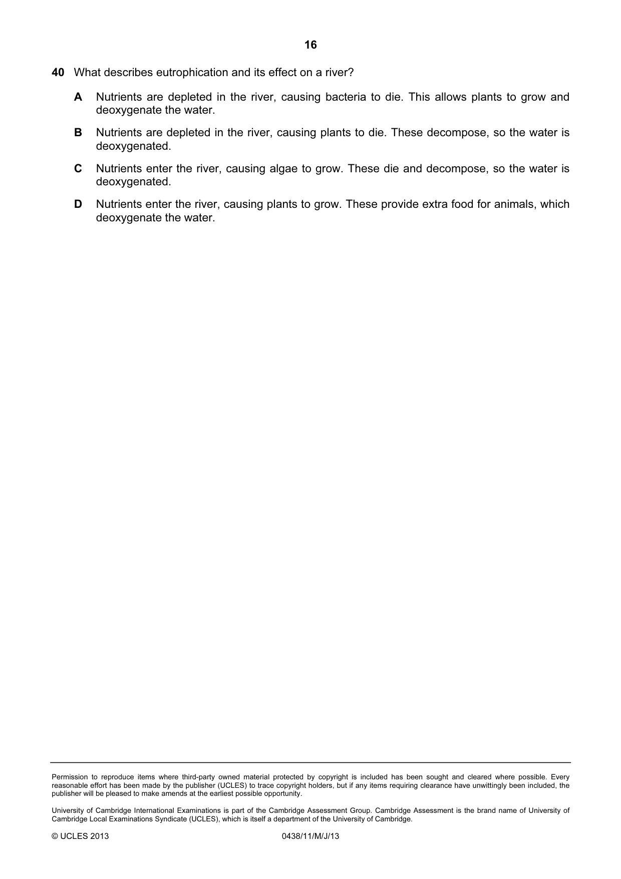 Cambridge IGCSE Biology (BES) 0438 2013 May/June Paper 1 · Variant 1 question paper, page 16 of 16