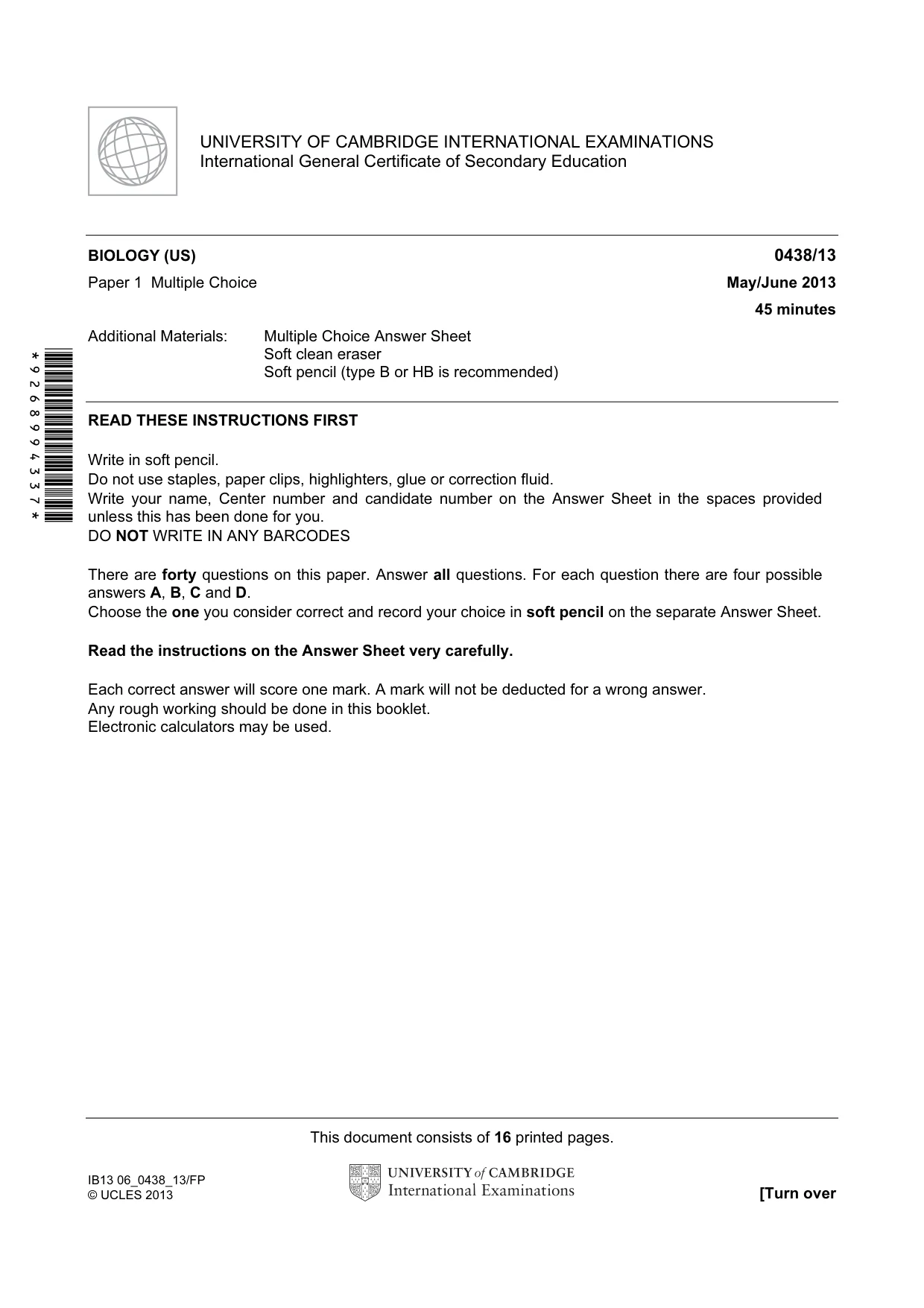 Cambridge IGCSE Biology (BES) 0438 2013 May/June Paper 1 · Variant 3 question paper, page 1 of 16