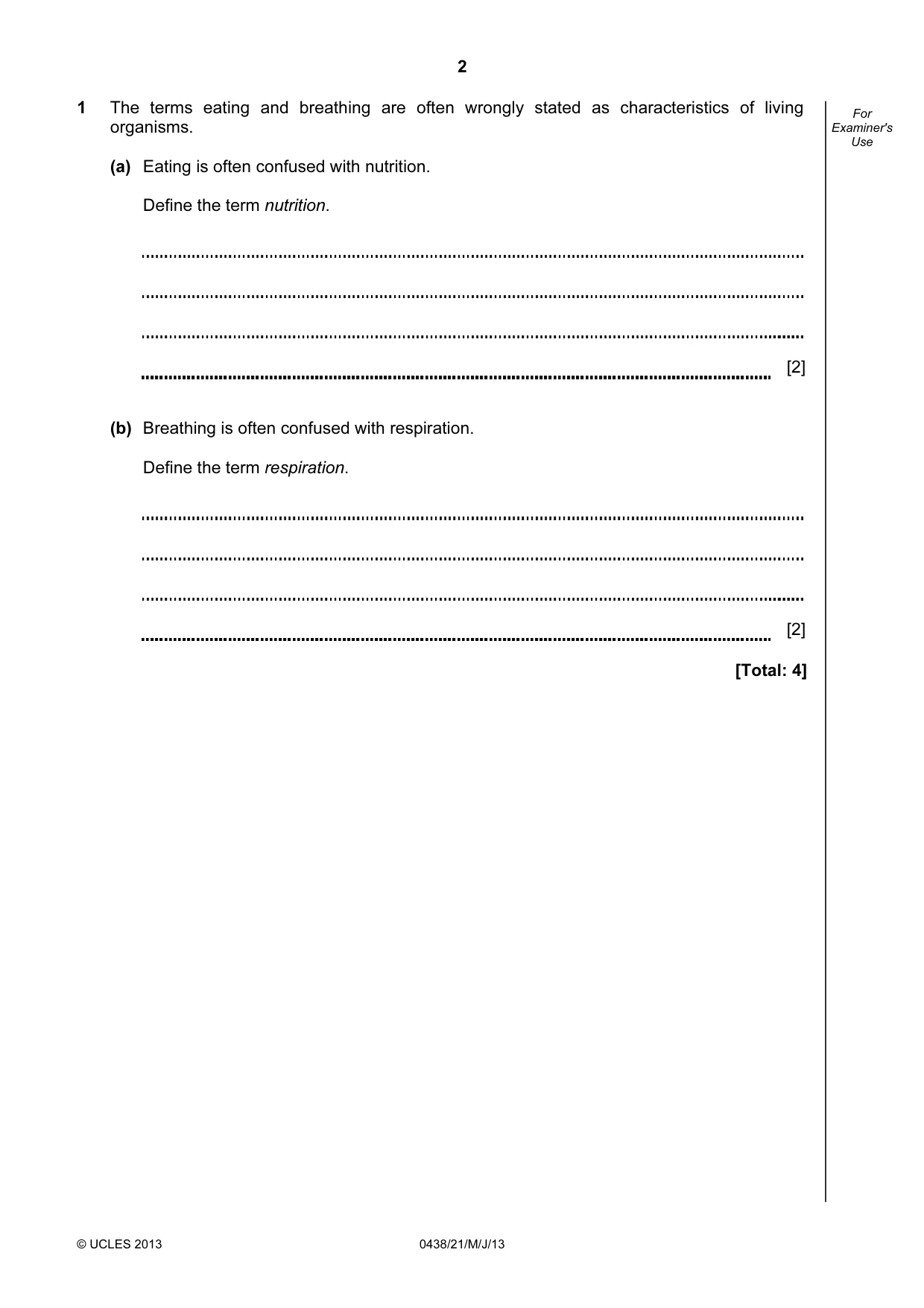 Cambridge IGCSE Biology (BES) 0438 2013 May/June Paper 2 · Variant 1 question paper, page 2 of 20