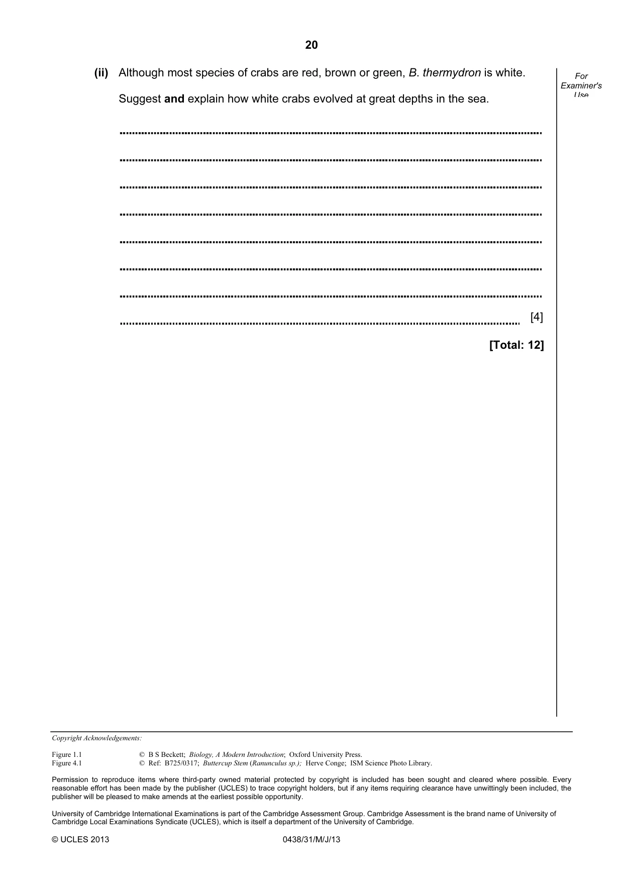 Cambridge IGCSE Biology (BES) 0438 2013 May/June Paper 3 · Variant 1 question paper, page 20 of 20