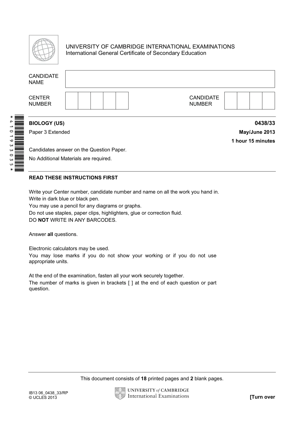 Cambridge IGCSE Biology (BES) 0438 2013 May/June Paper 3 · Variant 3 question paper, page 1 of 20