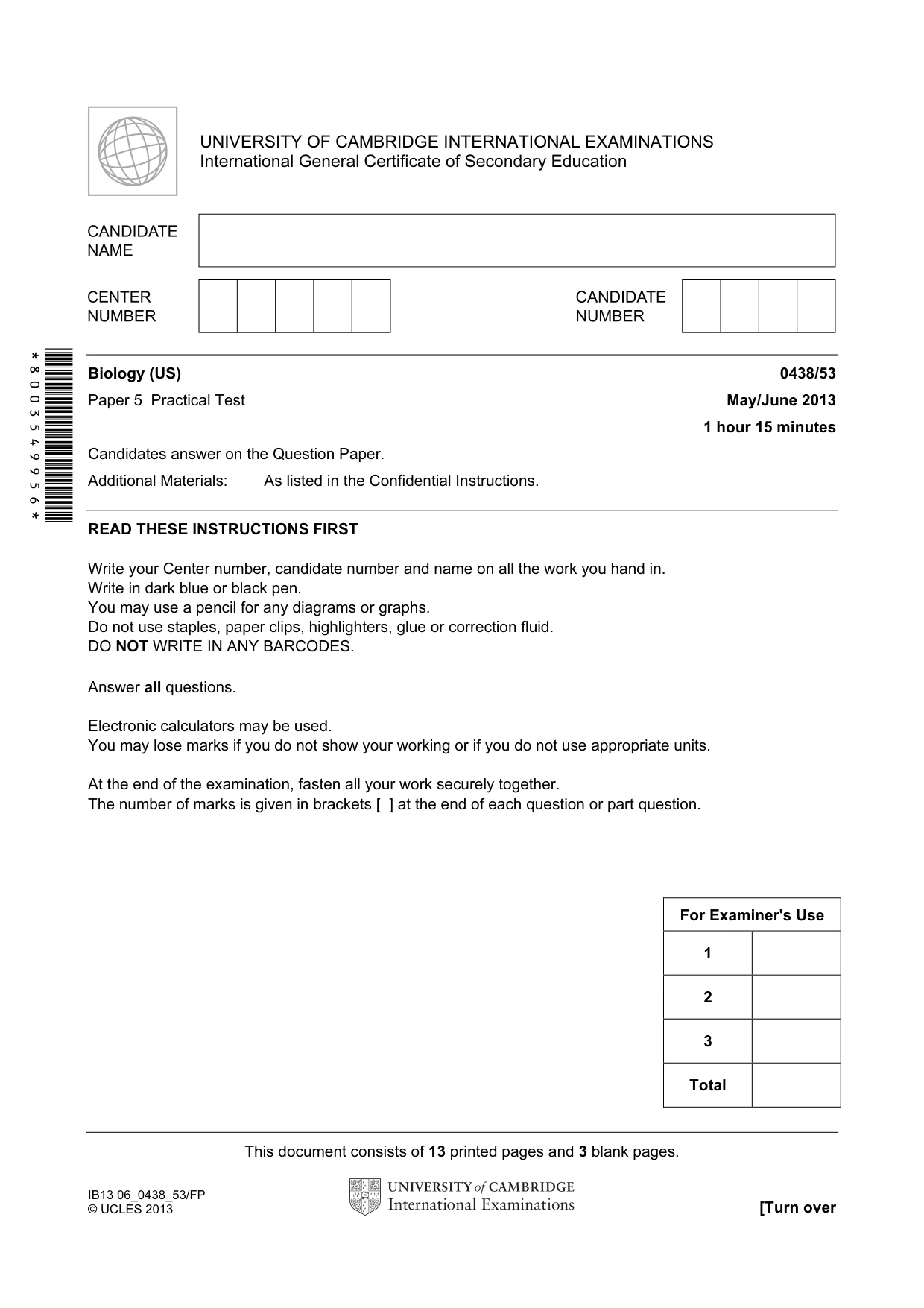 Cambridge IGCSE Biology (BES) 0438 2013 May/June Paper 5 · Variant 3 question paper, page 1 of 16