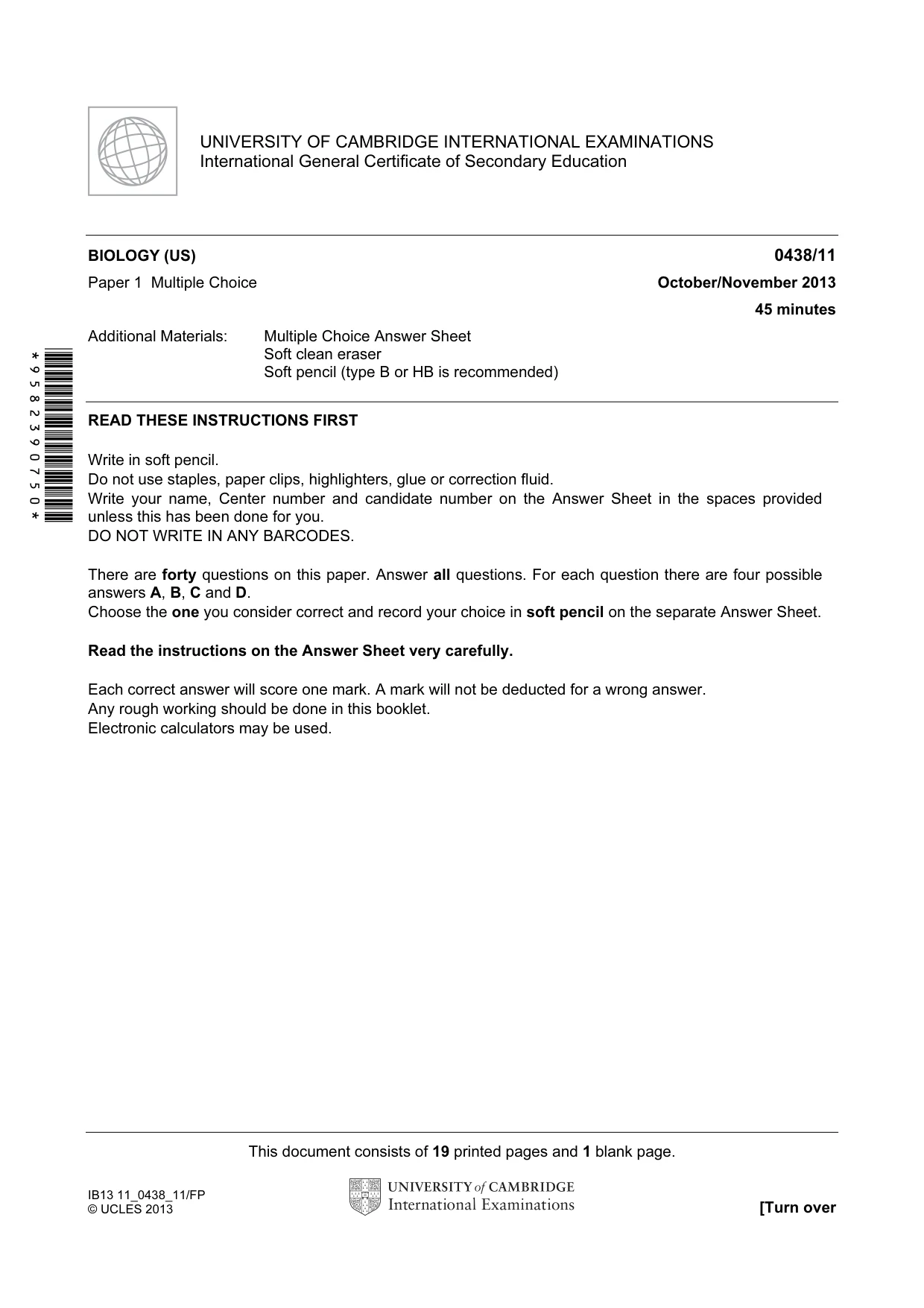 Cambridge IGCSE Biology (BES) 0438 2013 Oct/Nov Paper 1 · Variant 1 question paper, page 1 of 20