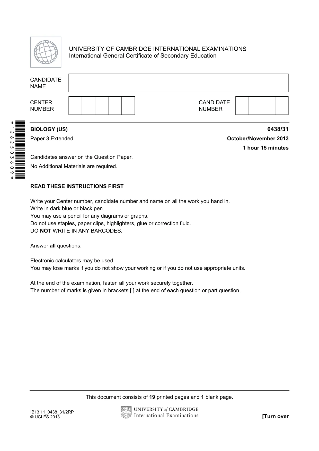 Cambridge IGCSE Biology (BES) 0438 2013 Oct/Nov Paper 3 · Variant 1 question paper, page 1 of 20