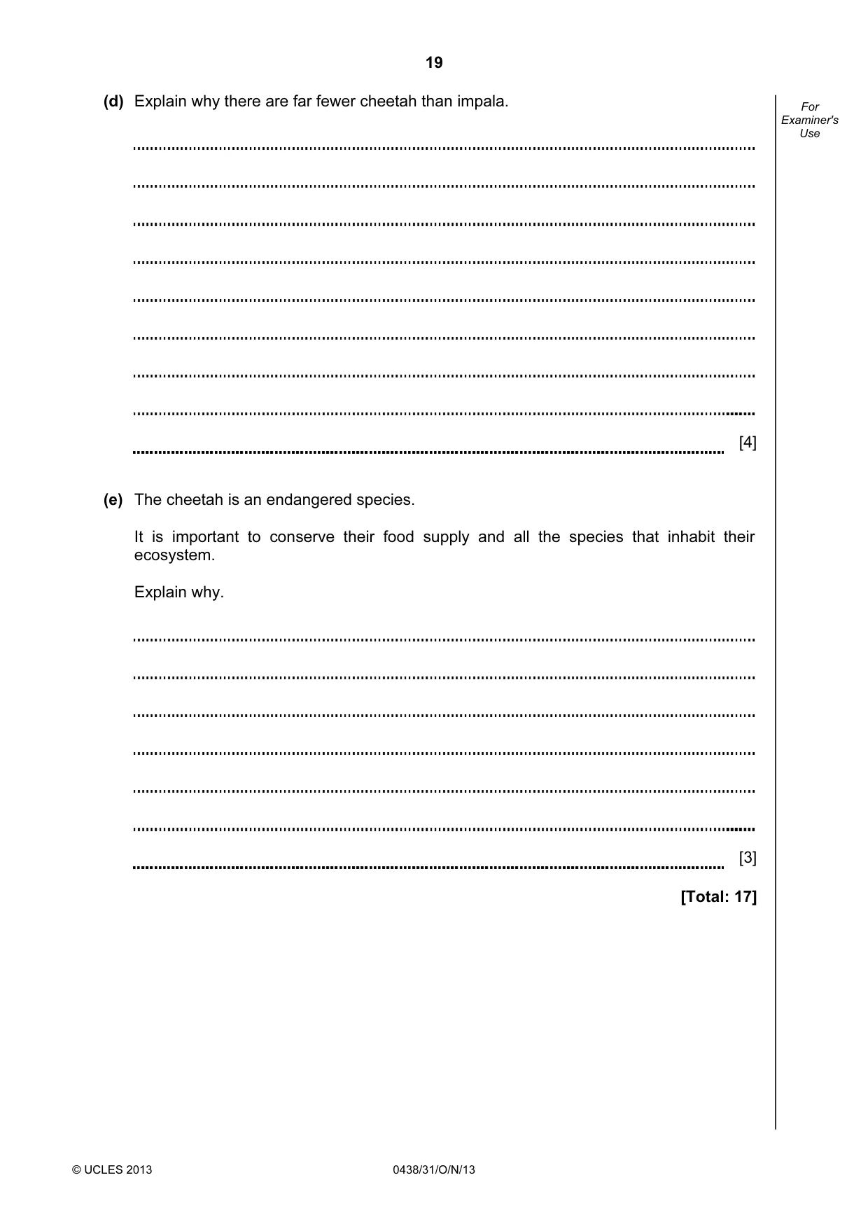 Cambridge IGCSE Biology (BES) 0438 2013 Oct/Nov Paper 3 · Variant 1 question paper, page 19 of 20