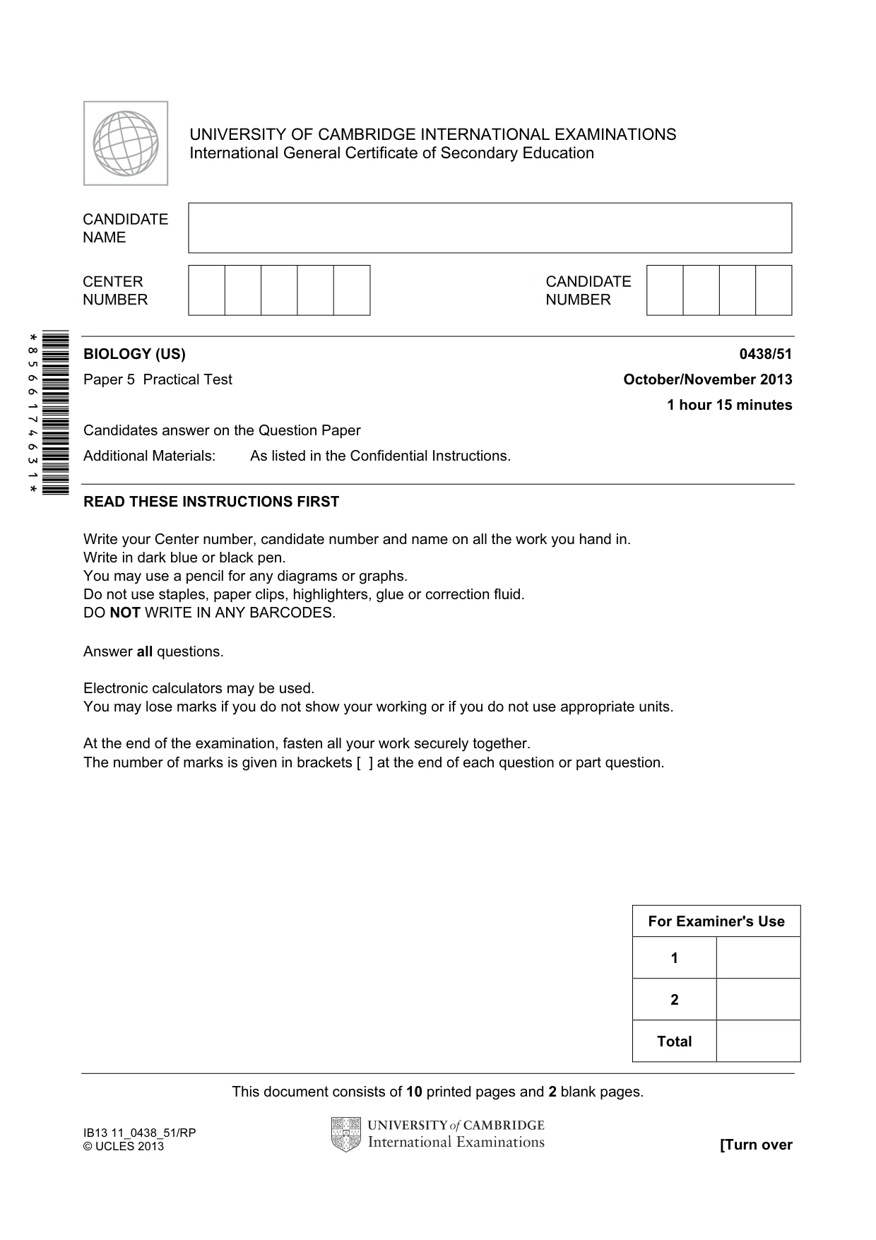 Cambridge IGCSE Biology (BES) 0438 2013 Oct/Nov Paper 5 · Variant 1 question paper, page 1 of 12
