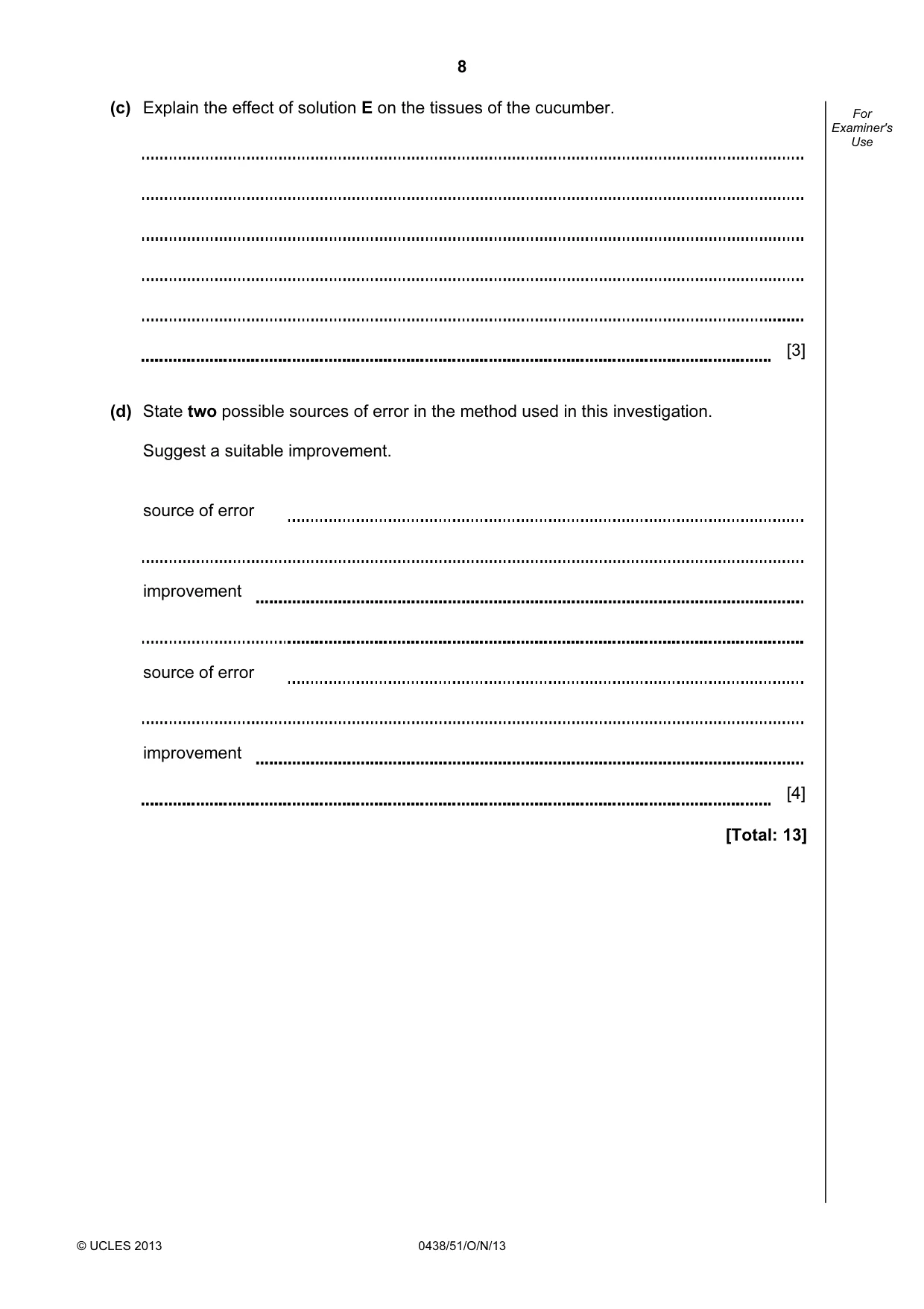 Cambridge IGCSE Biology (BES) 0438 2013 Oct/Nov Paper 5 · Variant 1 question paper, page 8 of 12