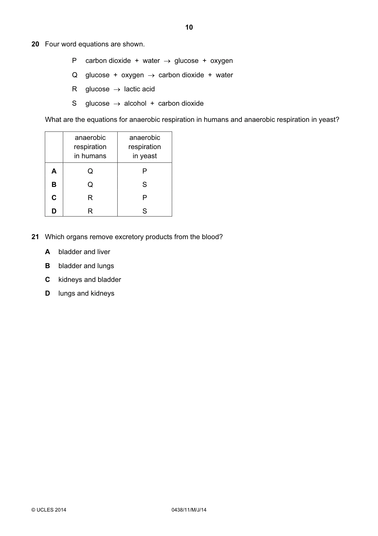 Cambridge IGCSE Biology (BES) 0438 2014 May/June Paper 1 · Variant 1 question paper, page 10 of 20