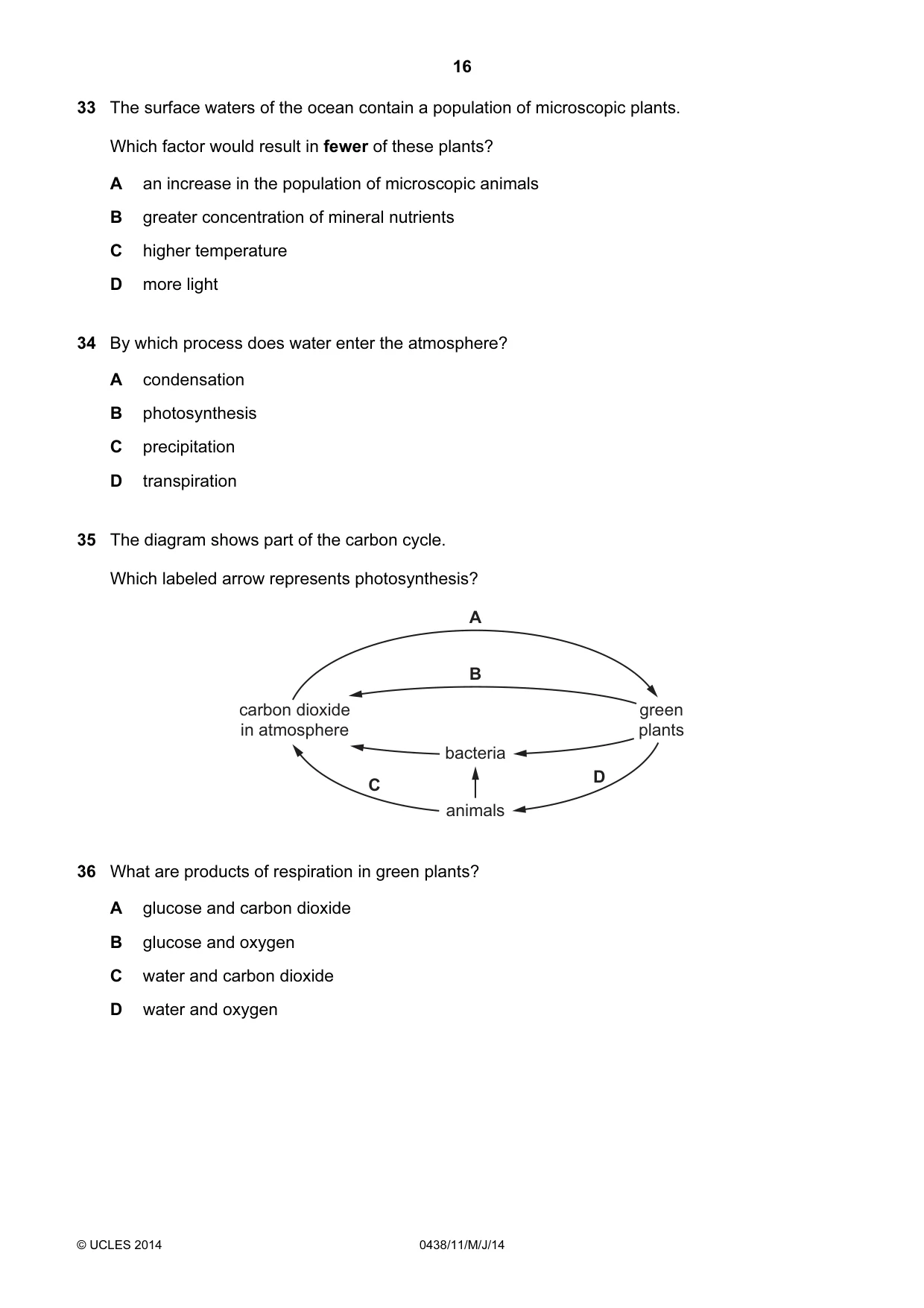 Cambridge IGCSE Biology (BES) 0438 2014 May/June Paper 1 · Variant 1 question paper, page 16 of 20