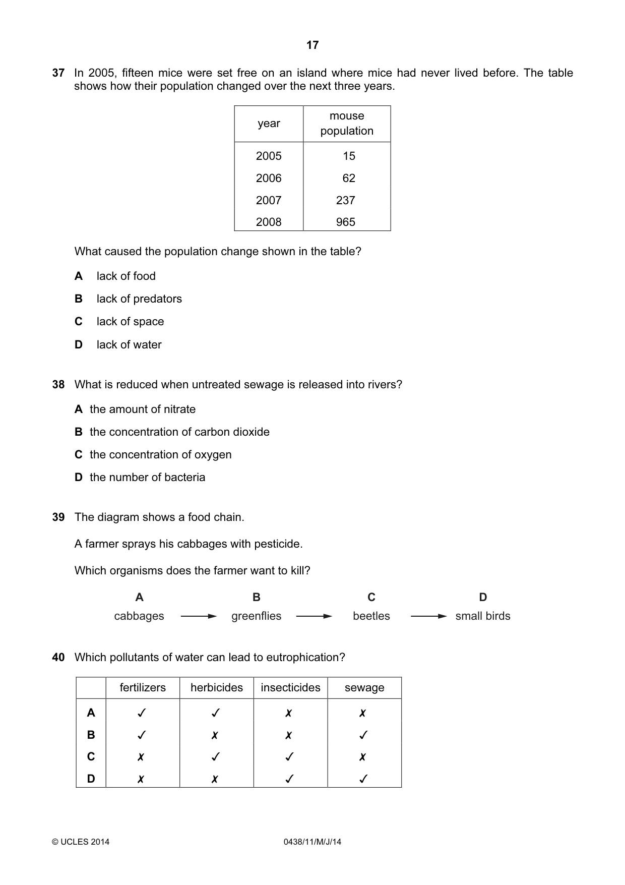 Cambridge IGCSE Biology (BES) 0438 2014 May/June Paper 1 · Variant 1 question paper, page 17 of 20