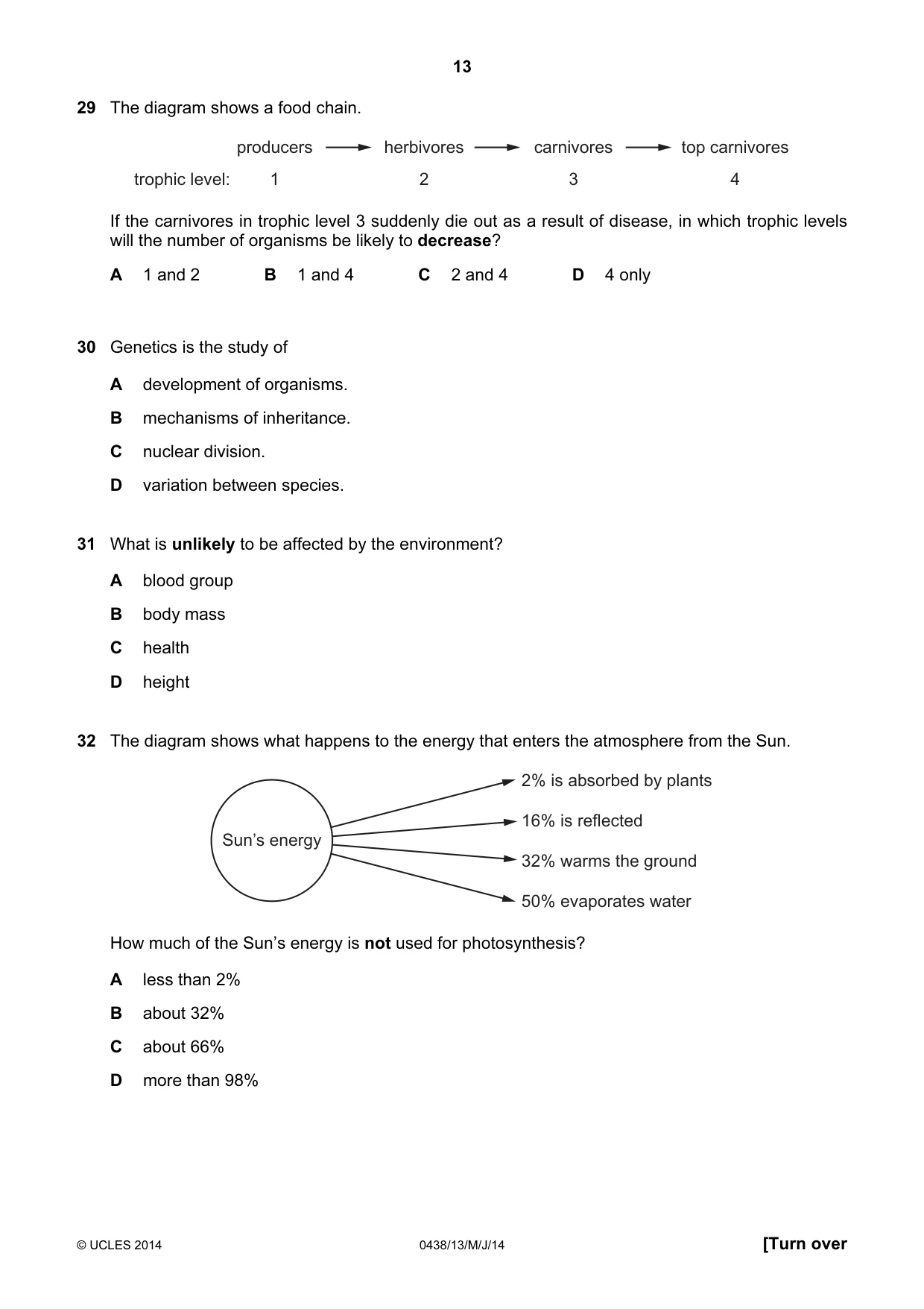 Cambridge IGCSE Biology (BES) 0438 2014 May/June Paper 1 · Variant 3 question paper, page 13 of 16