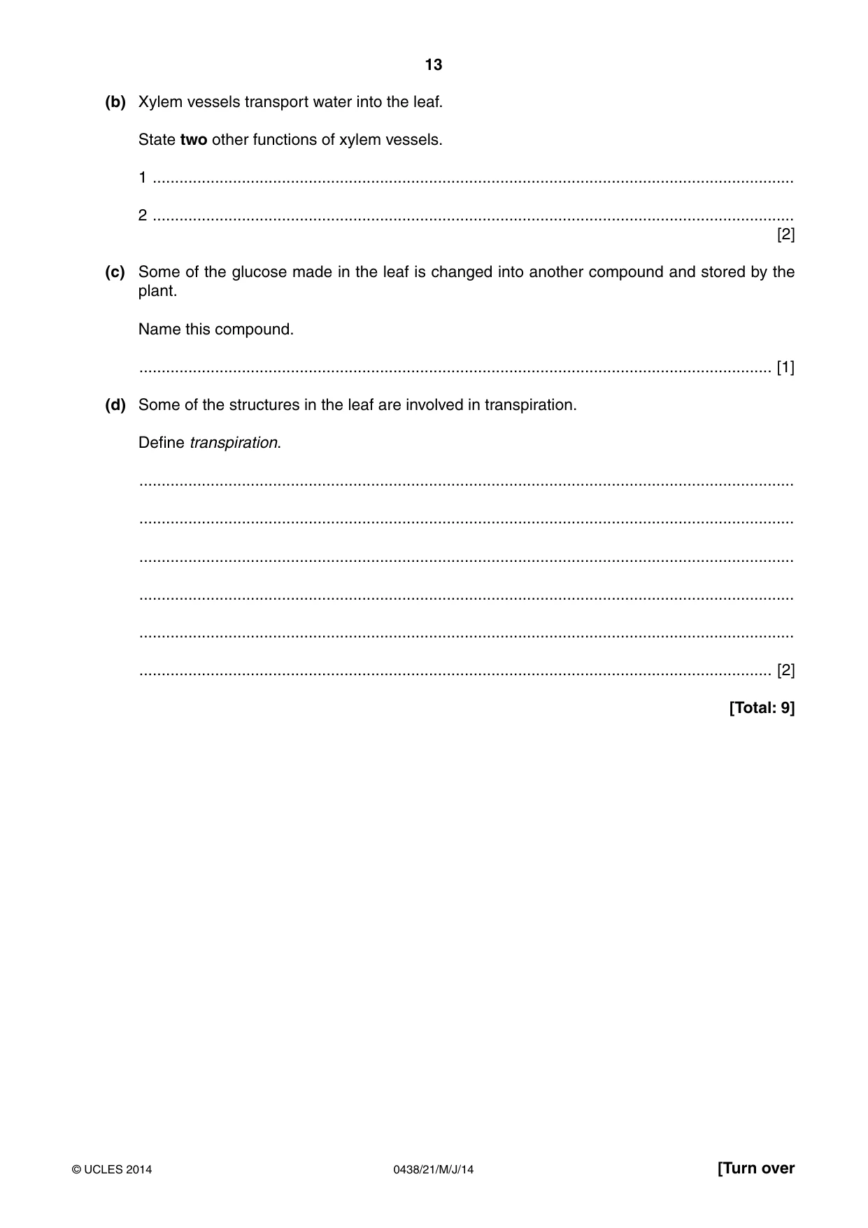 Cambridge IGCSE Biology (BES) 0438 2014 May/June Paper 2 · Variant 1 question paper, page 13 of 20