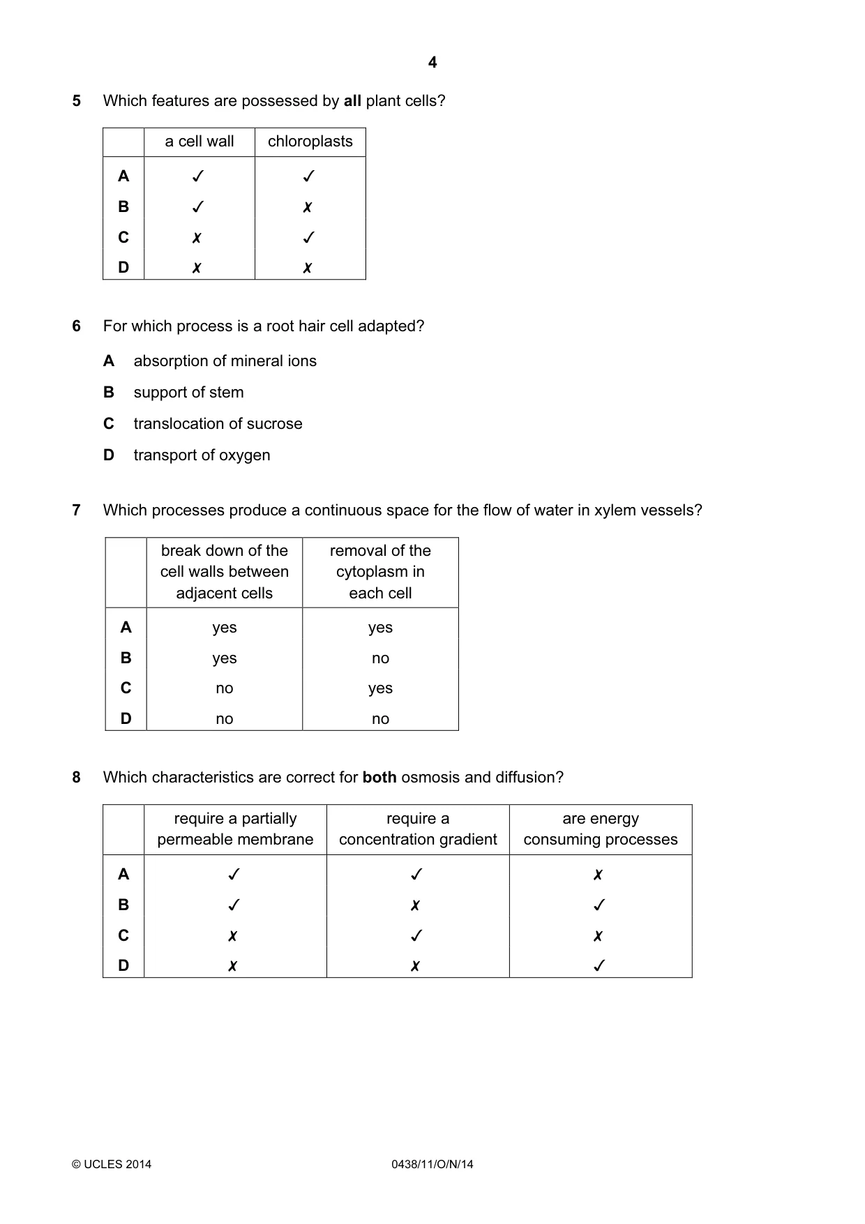 Cambridge IGCSE Biology (BES) 0438 2014 Oct/Nov Paper 1 · Variant 1 question paper, page 4 of 16