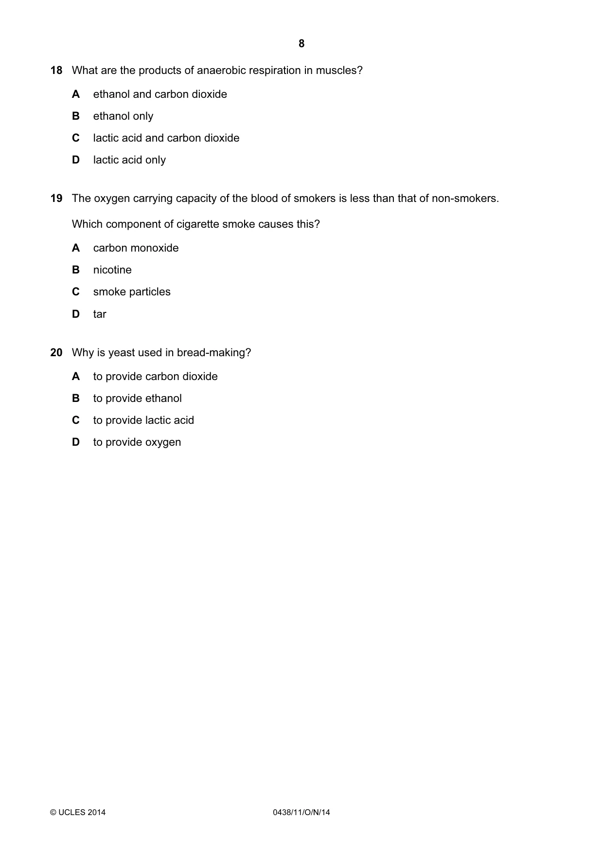 Cambridge IGCSE Biology (BES) 0438 2014 Oct/Nov Paper 1 · Variant 1 question paper, page 8 of 16
