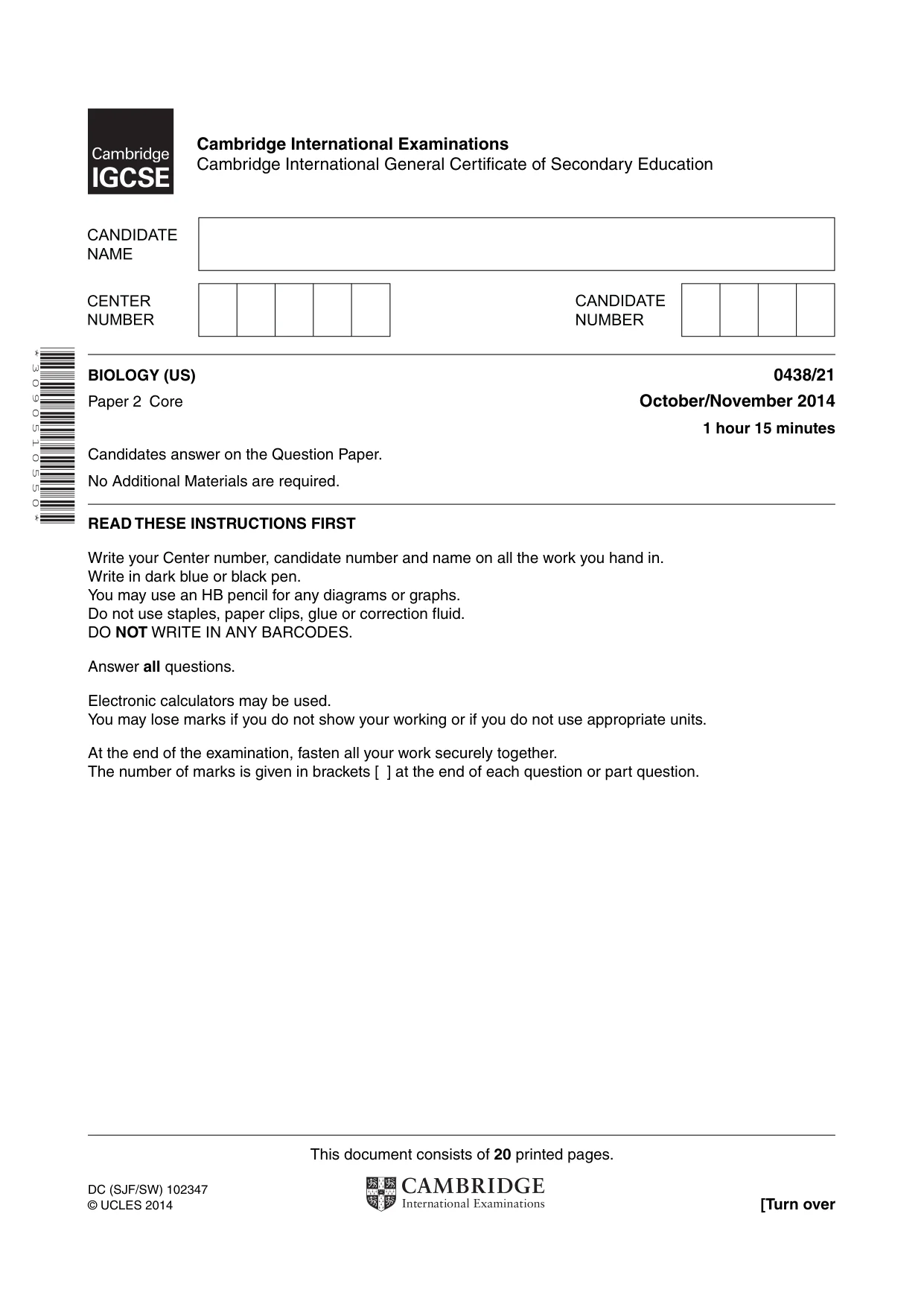 Cambridge IGCSE Biology (BES) 0438 2014 Oct/Nov Paper 2 · Variant 1 question paper, page 1 of 20