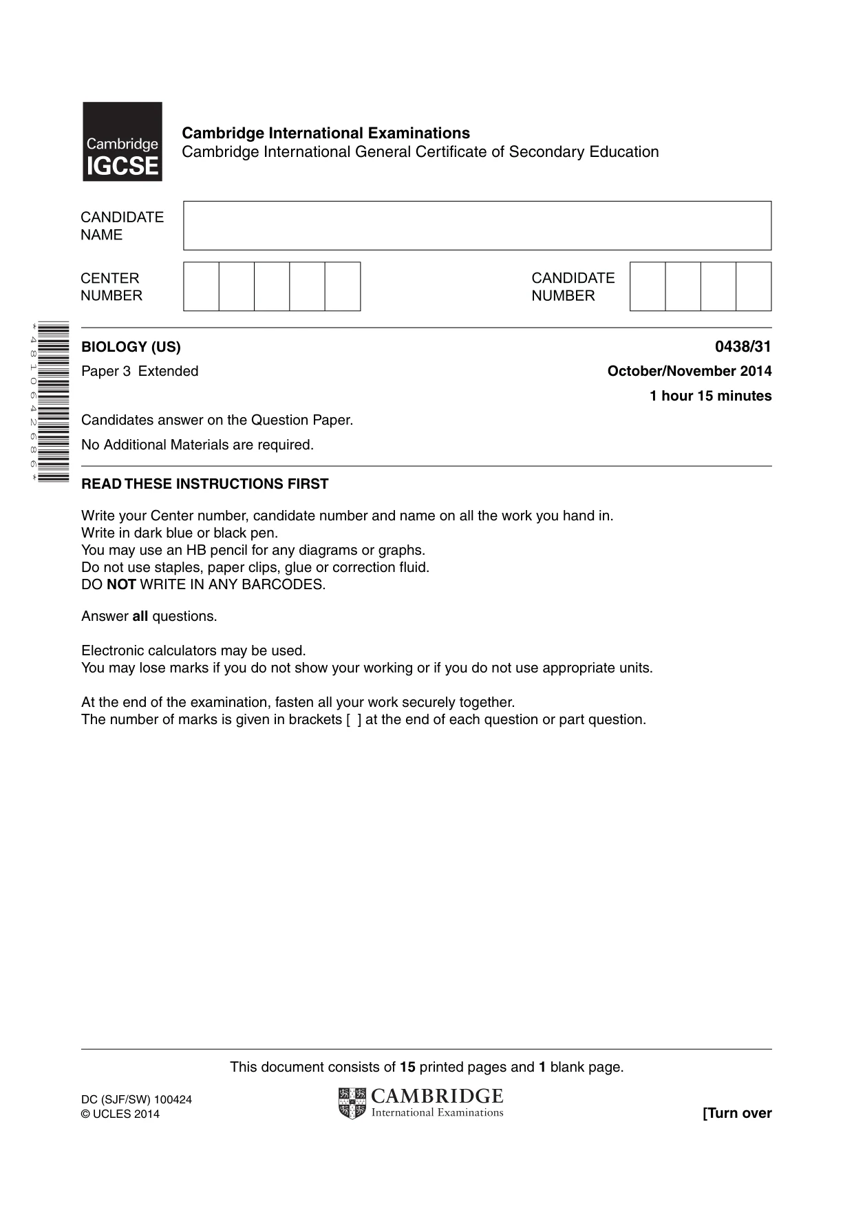 Cambridge IGCSE Biology (BES) 0438 2014 Oct/Nov Paper 3 · Variant 1 question paper, page 1 of 16