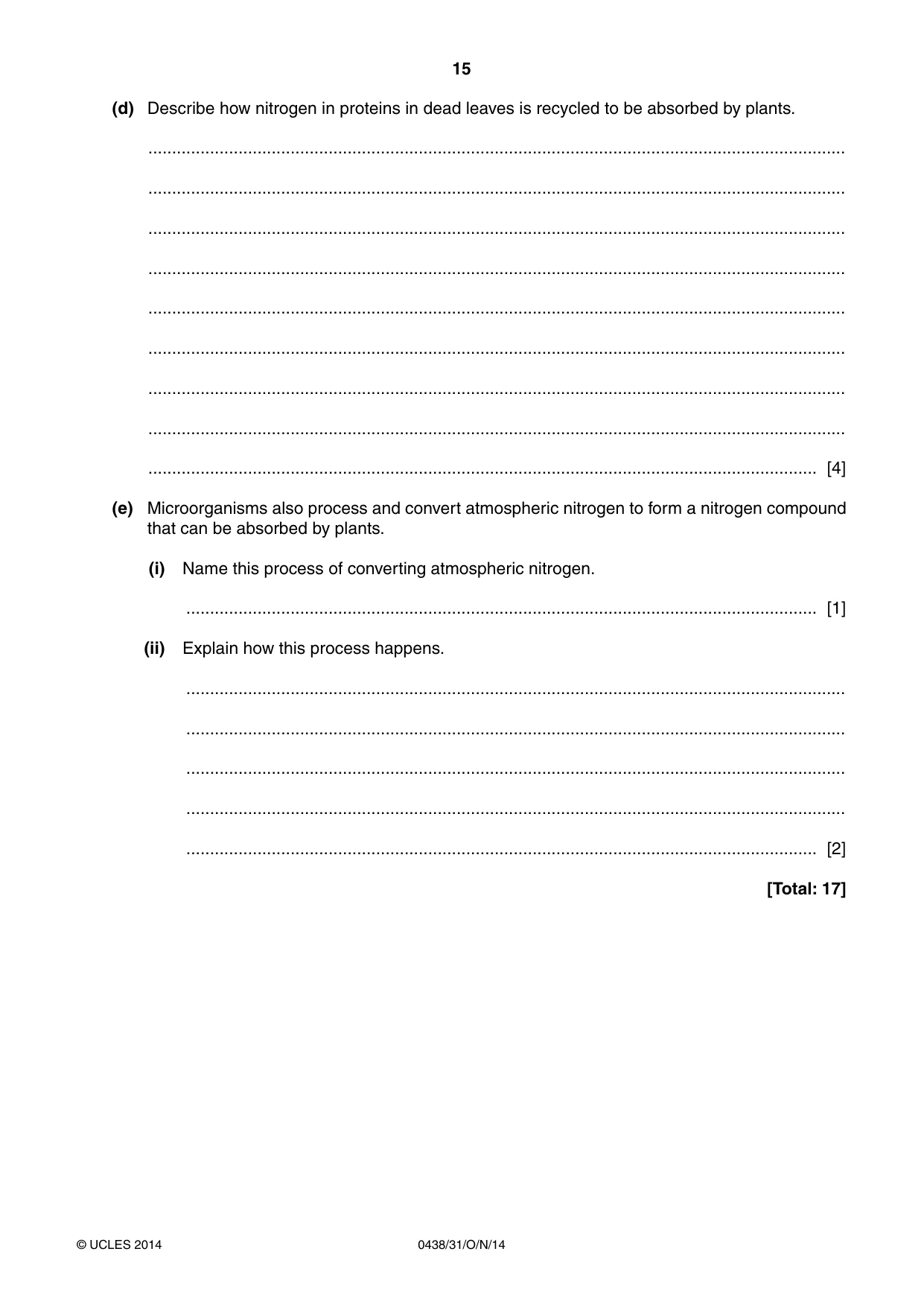 Cambridge IGCSE Biology (BES) 0438 2014 Oct/Nov Paper 3 · Variant 1 question paper, page 15 of 16