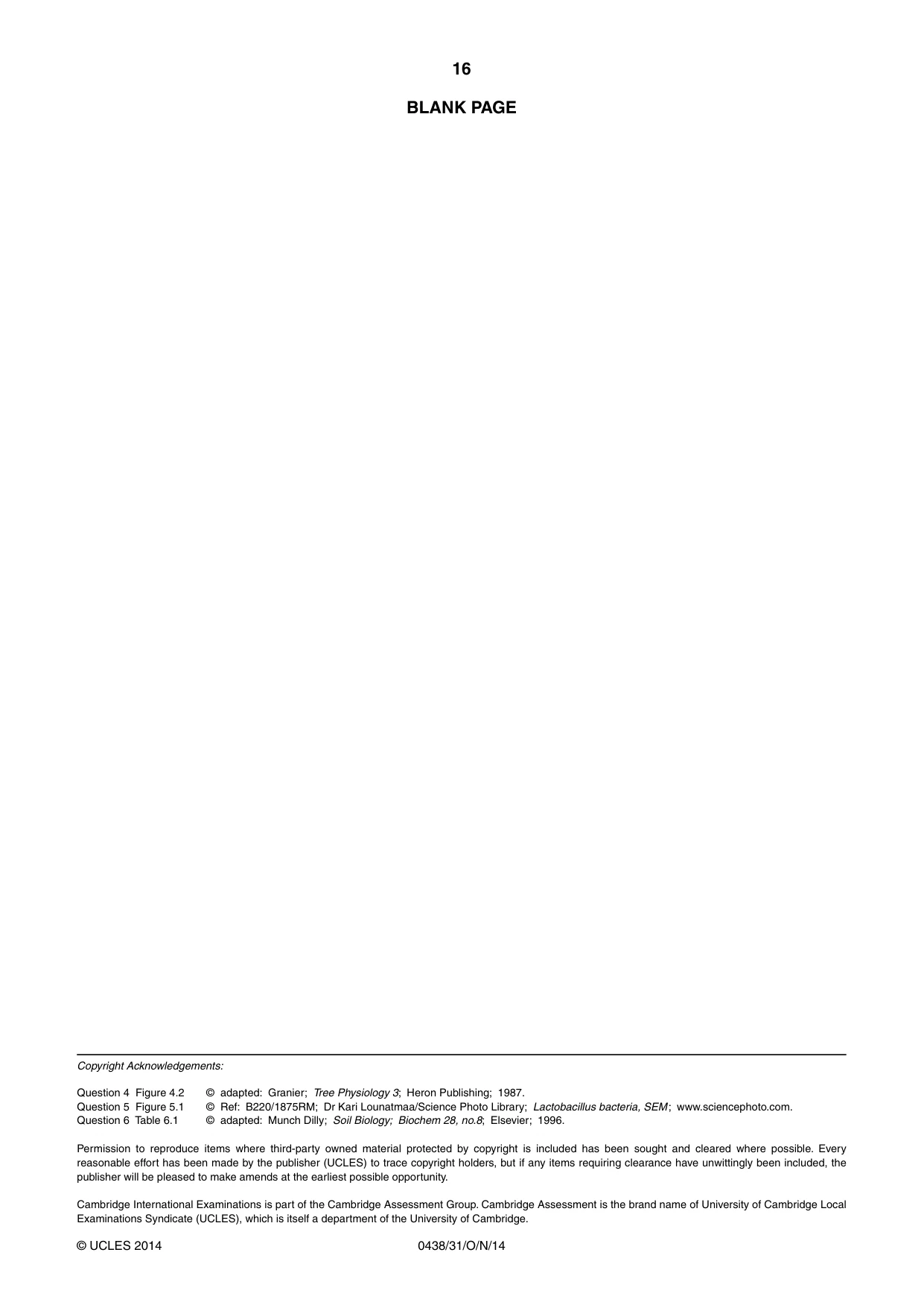 Cambridge IGCSE Biology (BES) 0438 2014 Oct/Nov Paper 3 · Variant 1 question paper, page 16 of 16