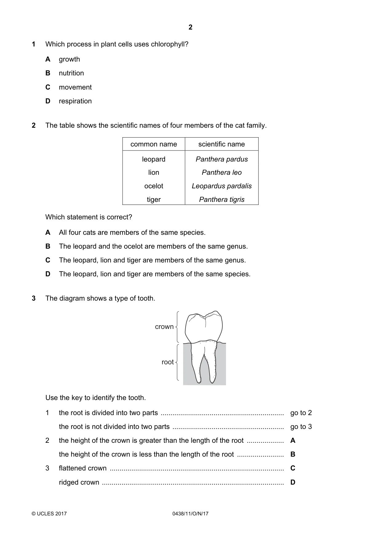 Cambridge IGCSE Biology (BES) 0438 2017 Oct/Nov Paper 1 · Variant 1 question paper, page 2 of 16