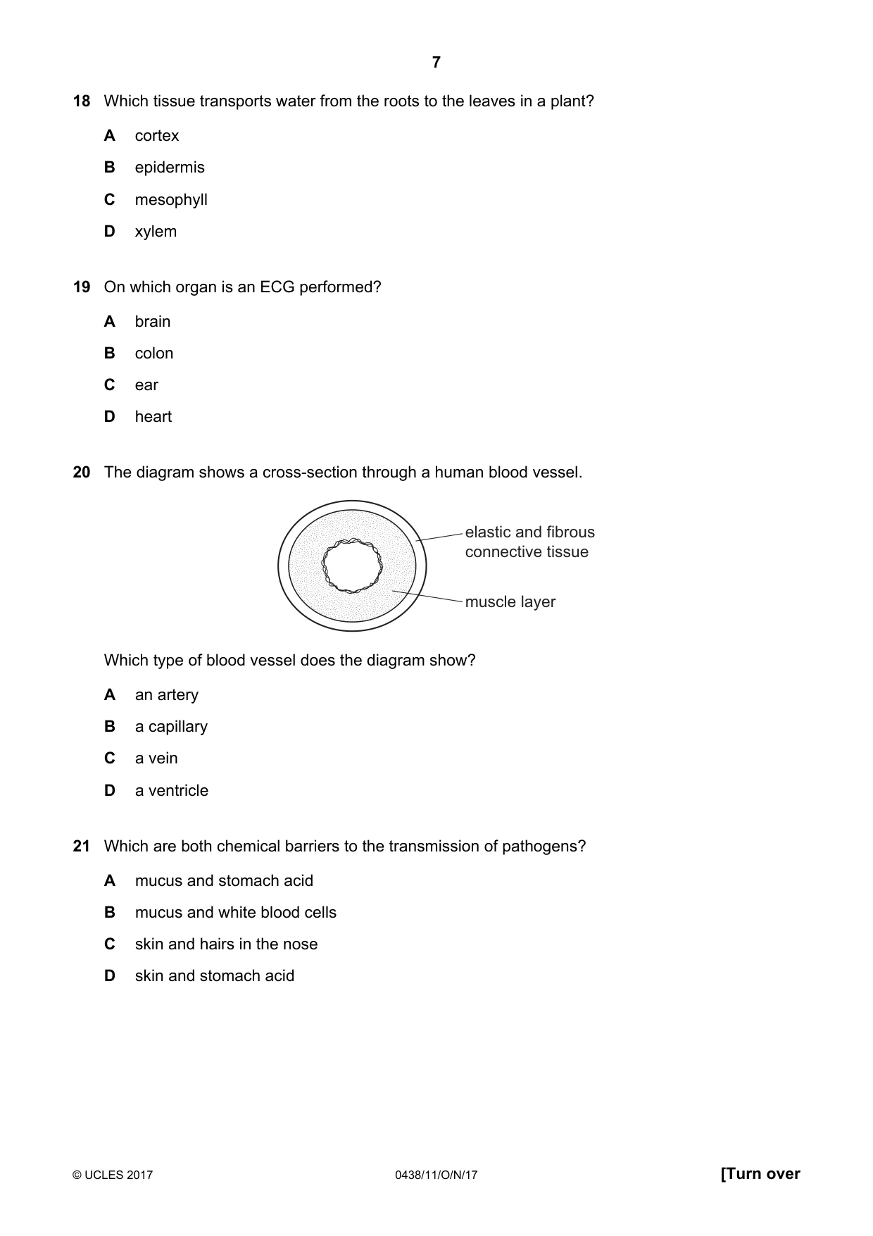Cambridge IGCSE Biology (BES) 0438 2017 Oct/Nov Paper 1 · Variant 1 question paper, page 7 of 16