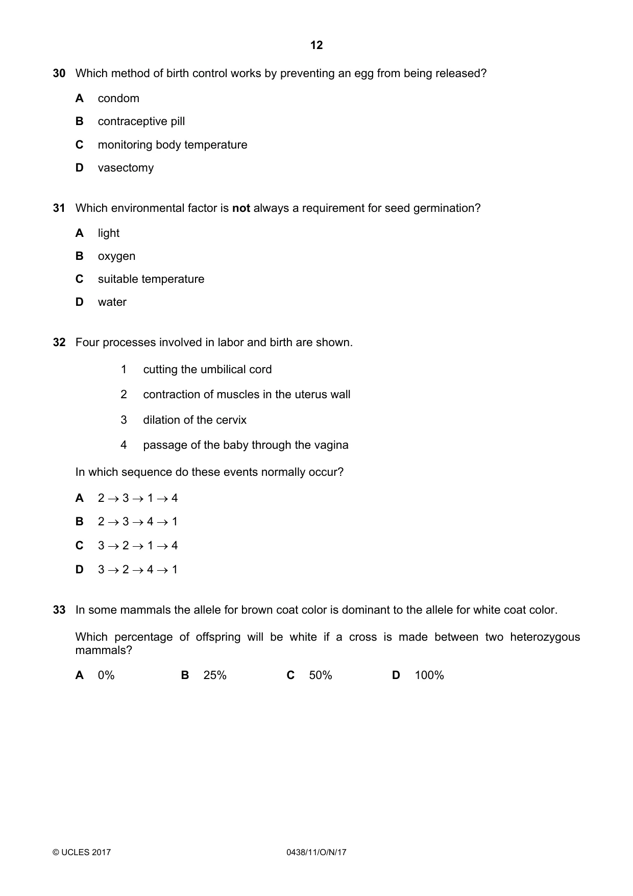 Cambridge IGCSE Biology (BES) 0438 2017 Oct/Nov Paper 1 · Variant 1 question paper, page 12 of 16