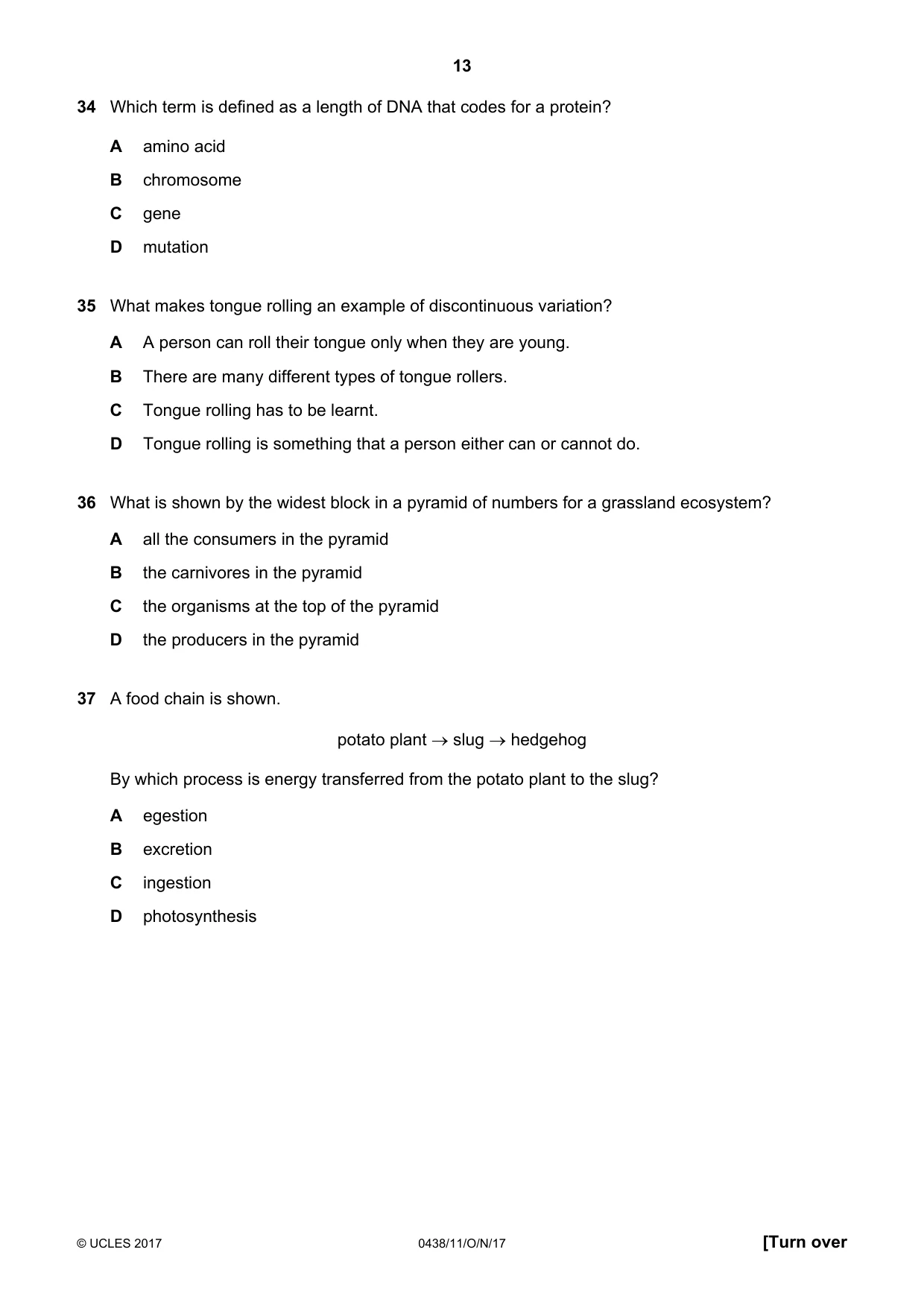 Cambridge IGCSE Biology (BES) 0438 2017 Oct/Nov Paper 1 · Variant 1 question paper, page 13 of 16