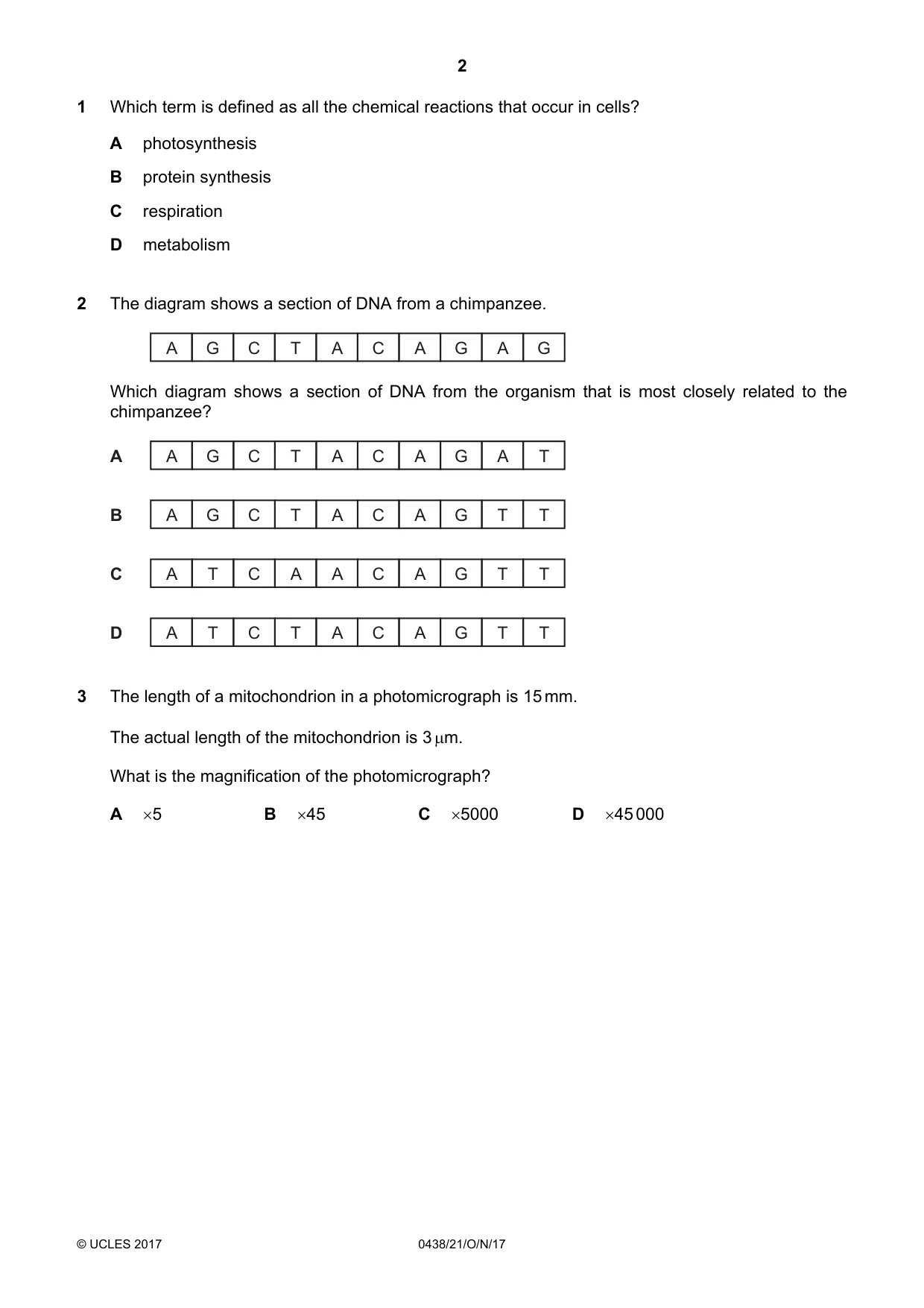 Cambridge IGCSE Biology (BES) 0438 2017 Oct/Nov Paper 2 · Variant 1 question paper, page 2 of 16