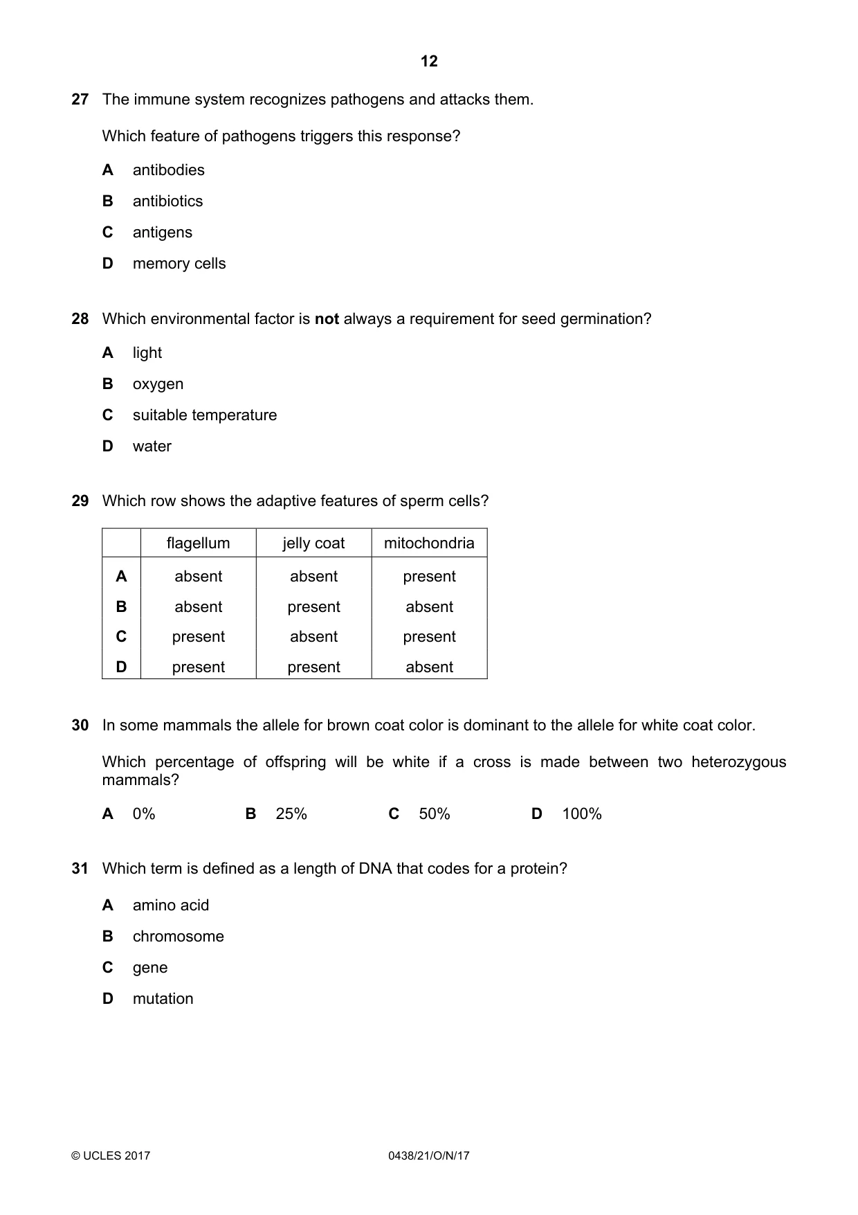 Cambridge IGCSE Biology (BES) 0438 2017 Oct/Nov Paper 2 · Variant 1 question paper, page 12 of 16
