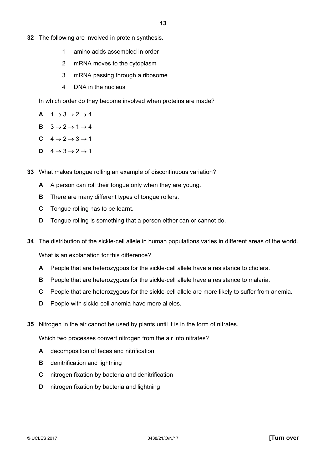 Cambridge IGCSE Biology (BES) 0438 2017 Oct/Nov Paper 2 · Variant 1 question paper, page 13 of 16