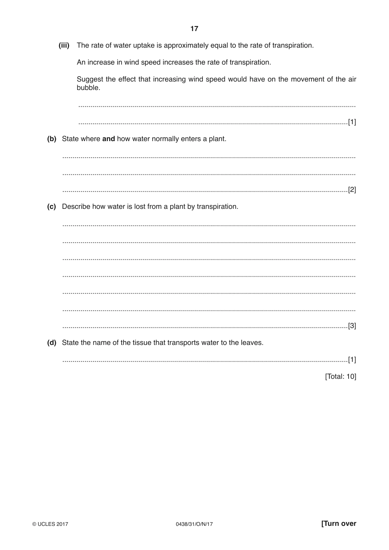 Cambridge IGCSE Biology (BES) 0438 2017 Oct/Nov Paper 3 · Variant 1 question paper, page 17 of 20