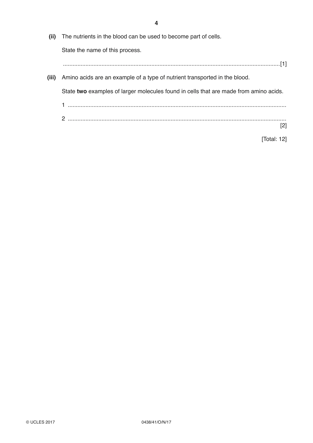 Cambridge IGCSE Biology (BES) 0438 2017 Oct/Nov Paper 4 · Variant 1 question paper, page 4 of 20