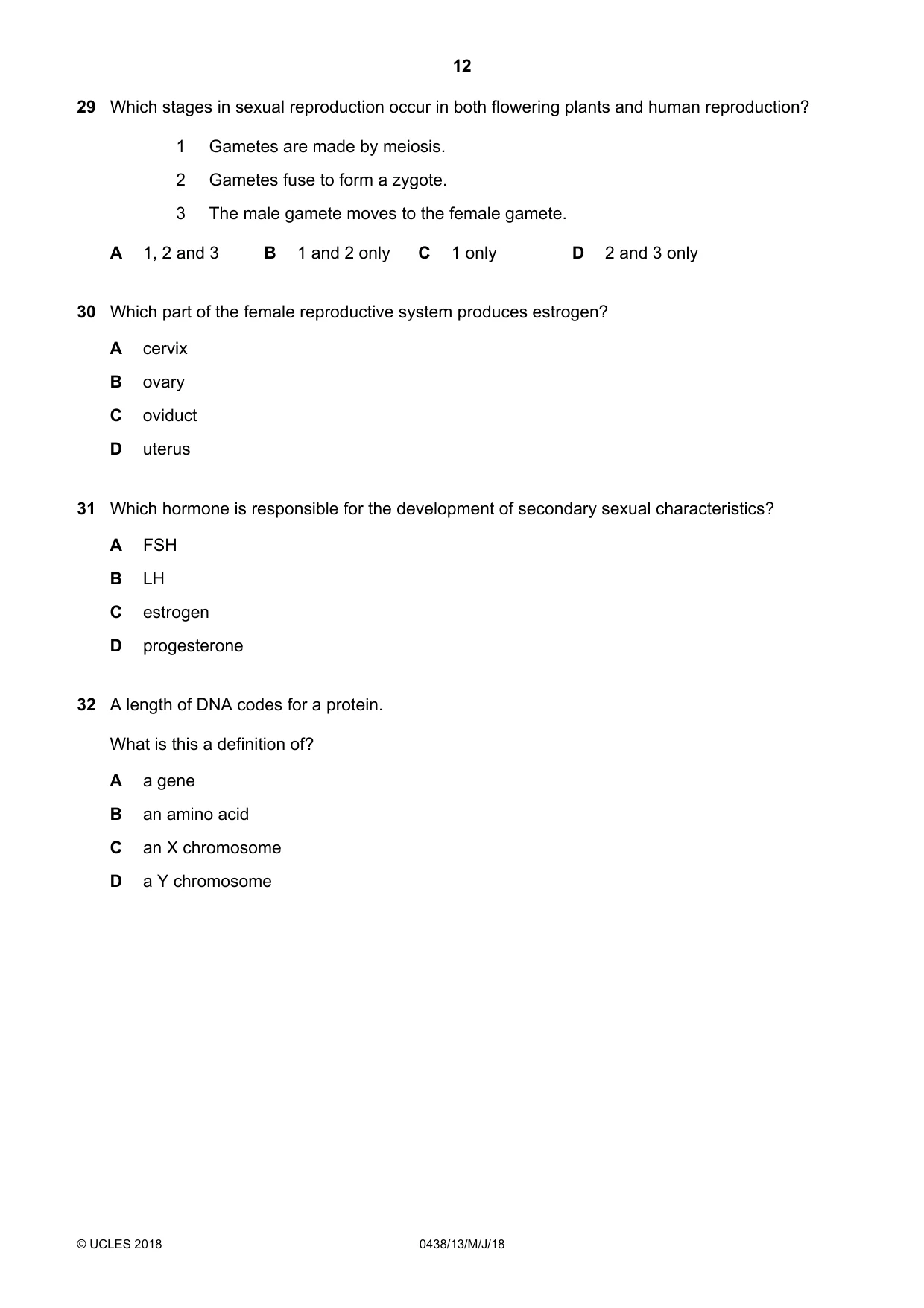 Cambridge IGCSE Biology (BES) 0438 2018 May/June Paper 1 · Variant 3 question paper, page 12 of 16