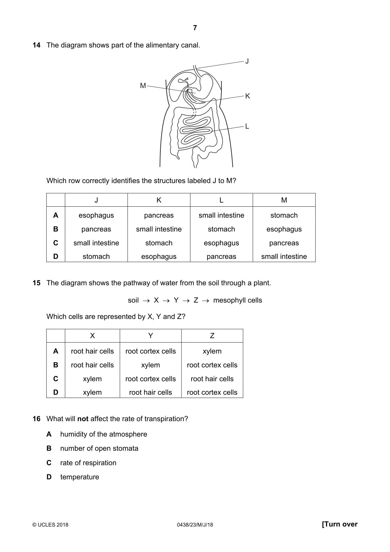 Cambridge IGCSE Biology (BES) 0438 2018 May/June Paper 2 · Variant 3 question paper, page 7 of 16
