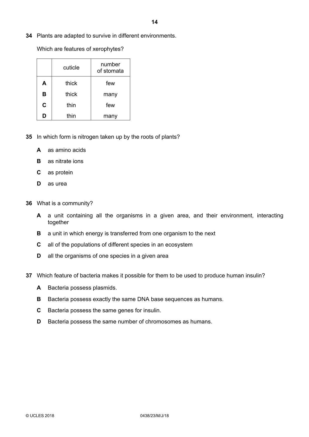 Cambridge IGCSE Biology (BES) 0438 2018 May/June Paper 2 · Variant 3 question paper, page 14 of 16