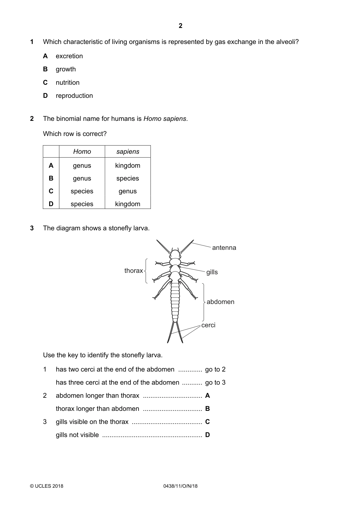 Cambridge IGCSE Biology (BES) 0438 2018 Oct/Nov Paper 1 · Variant 1 question paper, page 2 of 20